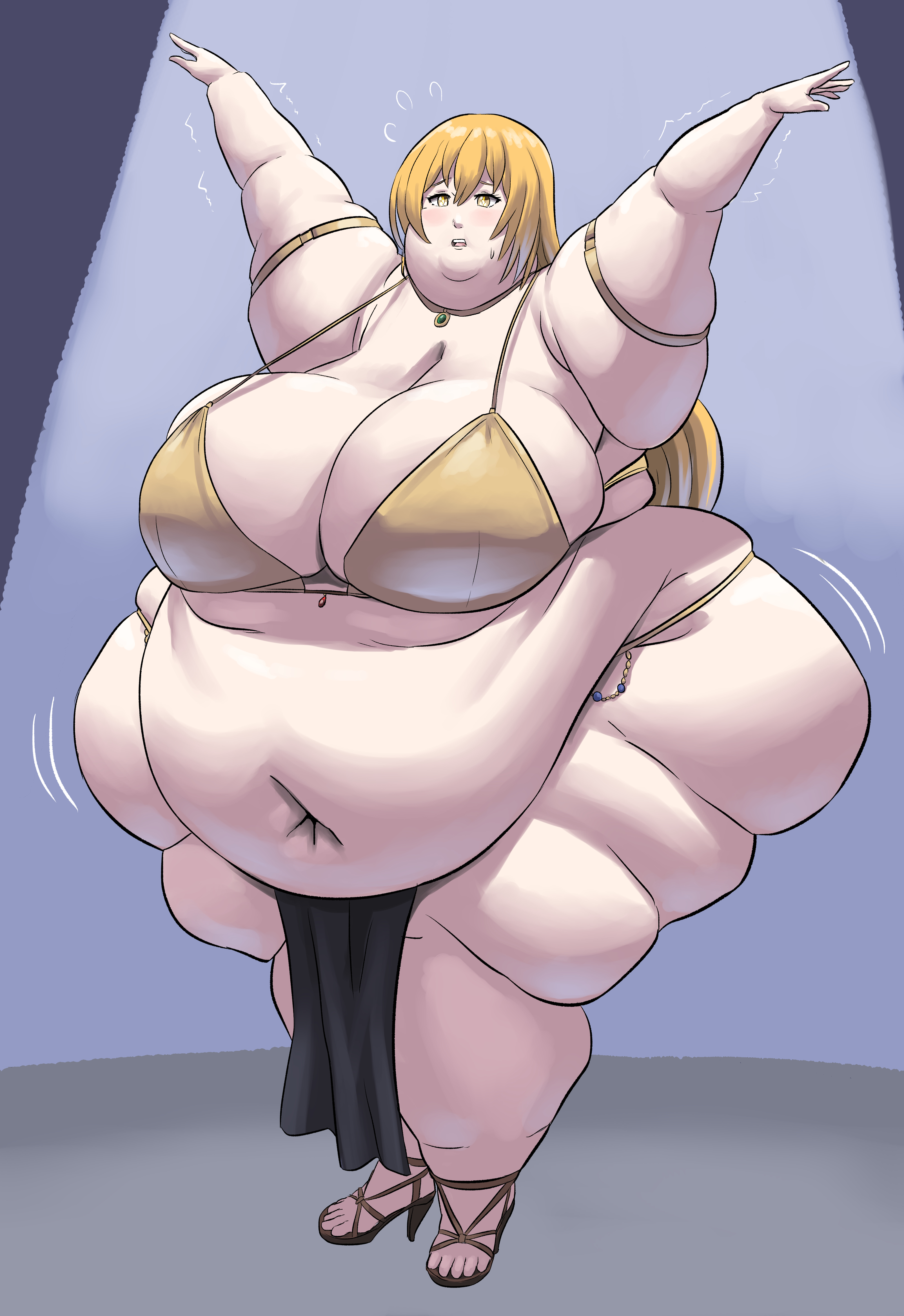 1female, 1girls, arm up, arms, arms above breasts, arms above head, arms up, arms up over head, arms up pose, ass, barely clothed, barely clothed female, bbw, belly, belly button, belly dancer, belly dancer outfit, belly overhang, big arms, big ass, big ass (female), big ass cheeks, big asscheeks, big belly, big belly button, big boobies, big booty, big booty (female), big breasts, big butt, big butt (female), big butt cheeks, big buttcheeks, big buttocks, big hand, big hands, big hip, big hipped, big hips, big legs, big navel, big thighs, big tummy, bikini, bikini bottom, bikini top, black clothes, black clothing, black heels, black high heel boots, black high heels, black high-heels, black highheels, black loincloth, blonde female, blonde hair, blonde hair female, blonde-haired, blonde-haired female, blue background, blue gem, blue gemstone, blush, blushing face, blushing female, boobies bigger than head, boobs bigger than head, booty, bracelet, bracelets, breasts, breasts bigger than head, cheeks, chubby, chubby cheeks, chubby female, clothed, clothes, commission, dark clothes, dark clothing, dark high heels, deep belly button, deep navel, deviantart, digital drawing (artwork), digital media (artwork), double chin, dumptruck ass, dumptruck butt, fat, fat arms, fat ass, fat belly, fat belly dancer, fat boobies, fat boobs, fat booty, fat breasts, fat butt, fat cheeks, fat hands, fat hips, fat legs, fat thighs, female, female focus, flabby, flabby arms, flabby ass, flabby belly, flabby butt, flabby legs, front view, gem, gemstone, gold (metal), gold bikini, gold bikini bottom, gold bikini top, gold bracelet, gold bracelets, gold clothes, gold clothing, gold jewelry, gold neckband, gold necklace, gold neckwear, golden bikini, golden bikini bottom, golden bikini top, golden bracelet, golden bracelets, golden clothes, golden clothing, golden eyes, golden necklace, golden neckwear, gray background, green gem, green gemstone, grey background, hair, hand up, hands up, heels, high heel boots, high heels boots, hips, huge ass, huge ass (female), huge asscheeks, huge belly, huge belly button, huge boobies, huge boobs, huge booty, huge breasts, huge butt, huge buttocks, huge hipped, huge hips, huge legs, huge navel, huge thighs, huge tummy, hypnagogum, jiggle, jiggling, jiggling ass, jiggling thighs, large ass, large asscheeks, large belly, large belly button, large boobies, large boobs, large booty, large breasts, large butt, large buttocks, large hip, large hipped, large hips, large legs, large navel, large thighs, large tummy, legs, light, light body, light skin, light skinned, light skinned female, light-skin, light-skinned, light-skinned female, loincloth, long hair, navel, necklace, obese, obese female, open clothes, open mouth, opened, opened mouth, original, original character, overweight, overweight female, performance, performer, performing, pink cheeks, pink tongue, plump, plump arms, plump ass, plump belly, plump boobies, plump boobs, plump booty, plump breasts, plump butt, plump female, plump hips, plump legs, plump thighs, podium, red gem, red gemstone, sagging, sagging belly, sagging breasts, saggy, saggy belly, saggy boobs, saggy breasts, shaking, shaking arms, shaking hand, shaking hands, shelf booty, shiny pupil, shiny pupils, ssbbw, stage, star pupil, star pupils, sweat on face, sweatdrop, sweaty face, teeth, thick arms, thick ass, thick ass hips, thick belly, thick body, thick boobies, thick boobs, thick booty, thick breasts, thick butt, thick female, thick hips, thick legs, thick thighs, thighs, tongue, tummy, wobble, wobbling, wobbling ass, wobbling butt, wobbling hips, wobbling thighs, yellow bikini, yellow bikini bottom, yellow bikini top, yellow eyes, yellow hair, yellow hair female, yellow necklace, yellow pupil, yellow pupils
