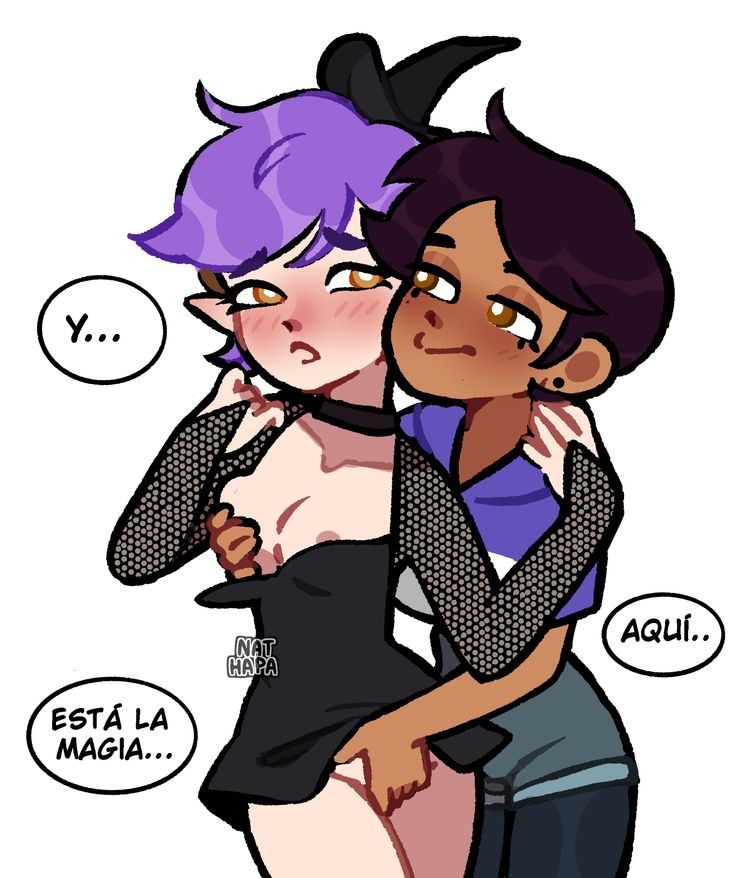 2girls, amity blight, blush, blush lines, breast grab, canon couple, collar, dress, dress shirt, fingering, fingers, fingers in pussy, latina, lesbian, lingerie, luz noceda, masturbation, mesh, nipple play, no watermark, ntiipa, purple hair, small breasts, spanish text, text bubble, the owl house, tits out, witch, witch (the owl house), yuri