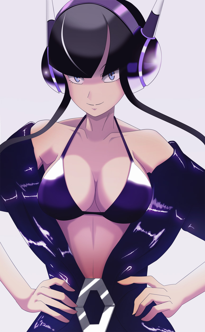 1girls, big breasts, blue eyes, bra, breasts, elesa (pokemon), female, gym leader, hands on hips, headphones, human, nintendo, no eyewear, open shirt, pokemon, pokemon bw, pokemon bw2, solo, vivivoovoo