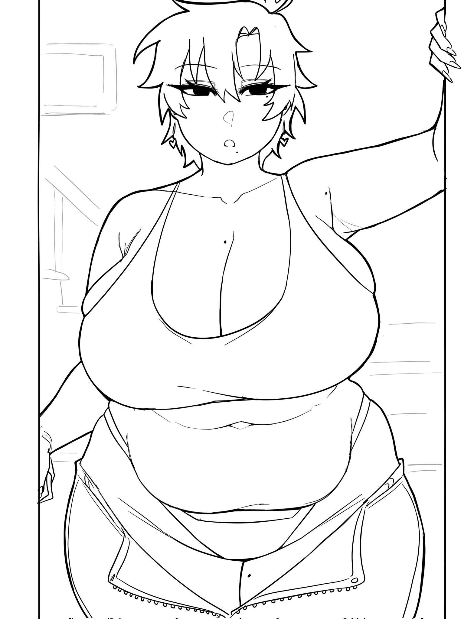 1girls, 2020s, 2026, 2026s, akira404040, beauty mark, beauty mark under mouth, big breasts, chubby, chubby female, chunky, digital drawing (artwork), digital media (artwork), doorframe, jpg, monochrome, neru (akira404040), no color, oc, original, original character, pants unbuttoned, pants undone, plump, plump breasts, simple background, simple eyes, simple shading, sketch, standing, thick thighs, thunderthighs, twitter link, venus body, voluptuous, voluptuous female, wide hips