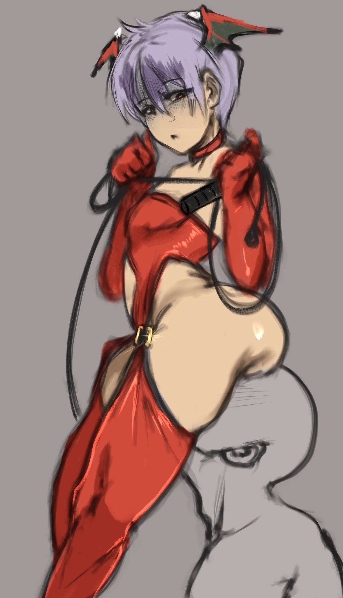 anonymous male, bdsm, bdsm outfit, big ass, bwunnymom, capcom, darkstalkers, dominant female, facesitting, lilith aensland, male, submissive male, succubus, whip
