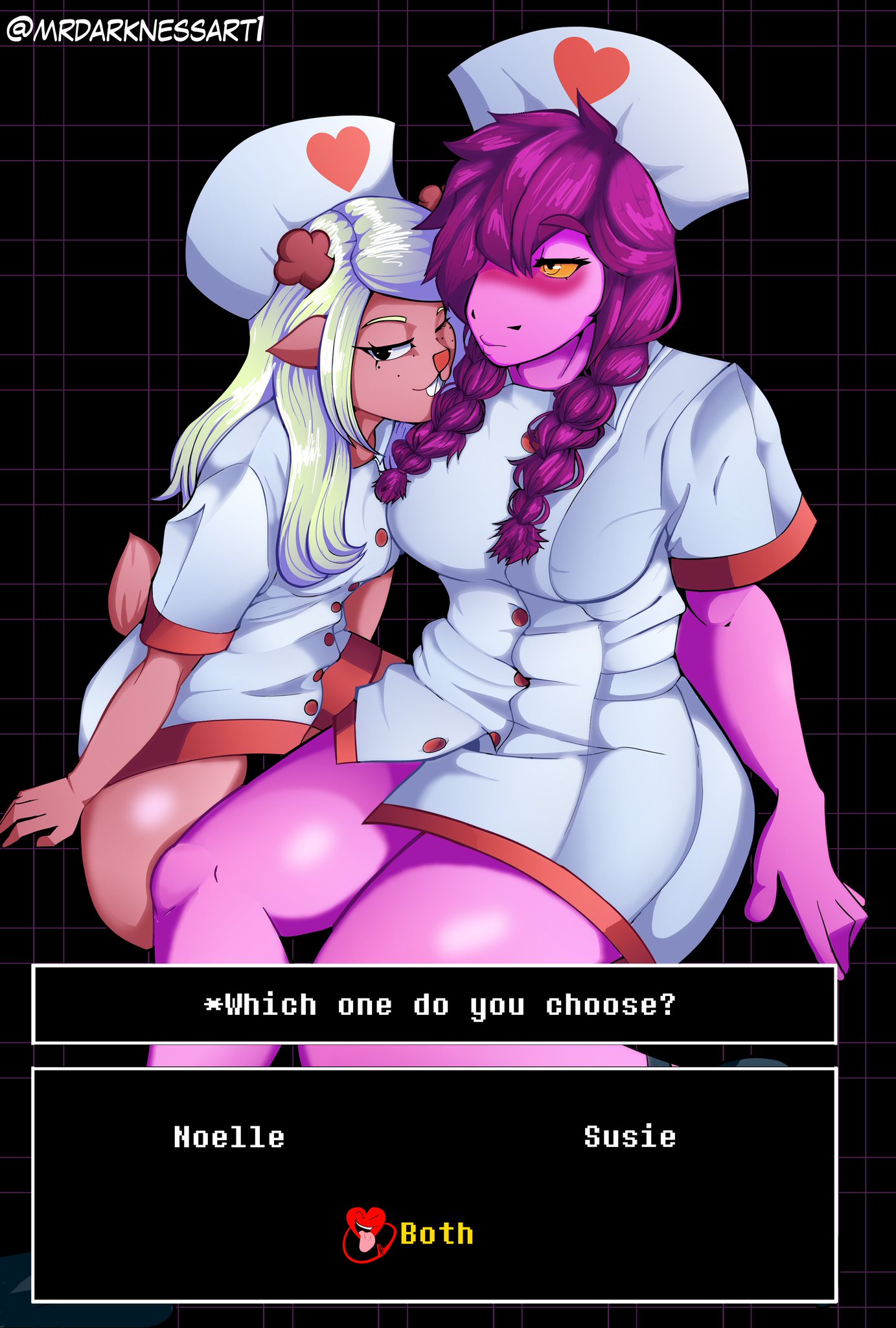 2girls, choice, deltarune, embarrassed, female, furry, furry female, mrdarknessart1, noelle holiday, nurse, nurse uniform, sexy, soul (deltarune), susie (deltarune)
