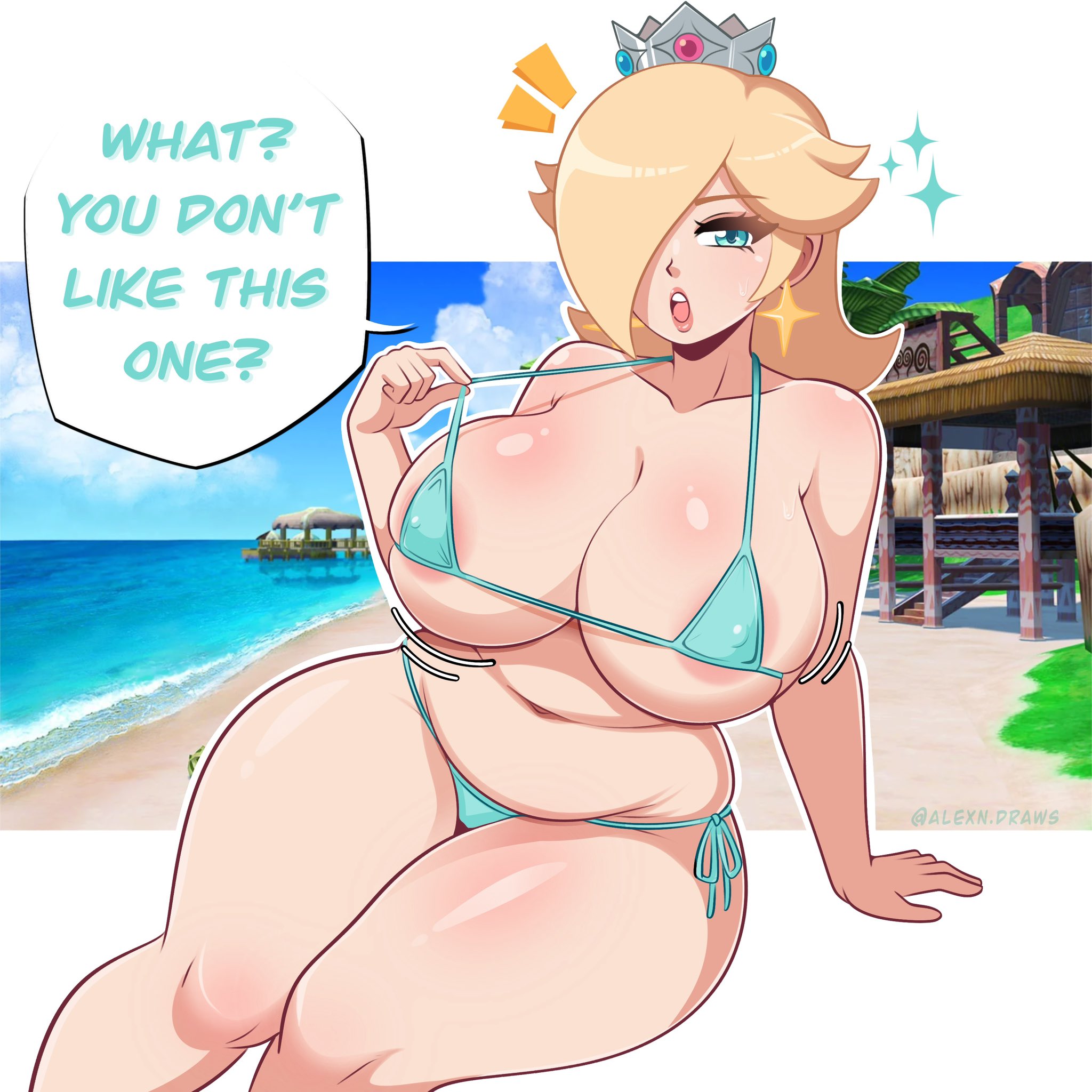 alexndraws, areola slip, areolae, areolae visible through clothing, beach background, beach towel, belly, belly button, big areola, big ass, big breasts, big thighs, big titties, bikini, bikini bottom, bikini top, blonde female, blonde hair, blonde-haired female, blue eyes, breasts bigger than head, busty, busty female, busty girl, chubby, crown, curvaceous, curvy, curvy female, curvy figure, earrings, eyelashes, huge boobs, huge breasts, mario (series), nintendo, nipples visible through clothing, open mouth, pink areola, princess rosalina, rosalina, shiny skin, super mario bros., thick ass, thick hips, thick legs, thick thighs, wide hips, wide thighs