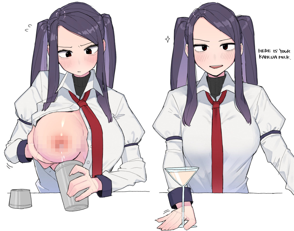 bartender, blush, breasts, censored, cocktail glass, cocktail shaker, collared shirt, commentary, cup, drinking glass, english commentary, english text, female, giving, grabbing own breast, hand milking, julianne stingray, lactating into container, lactation, large breasts, long hair, long sleeves, looking at viewer, mosaic censoring, multiple views, necktie, ohasi, one breast out, partially unbuttoned, purple hair, red necktie, self milking, shirt, twintails, unbuttoned, unbuttoned shirt, upper body, va-11 hall-a, white shirt