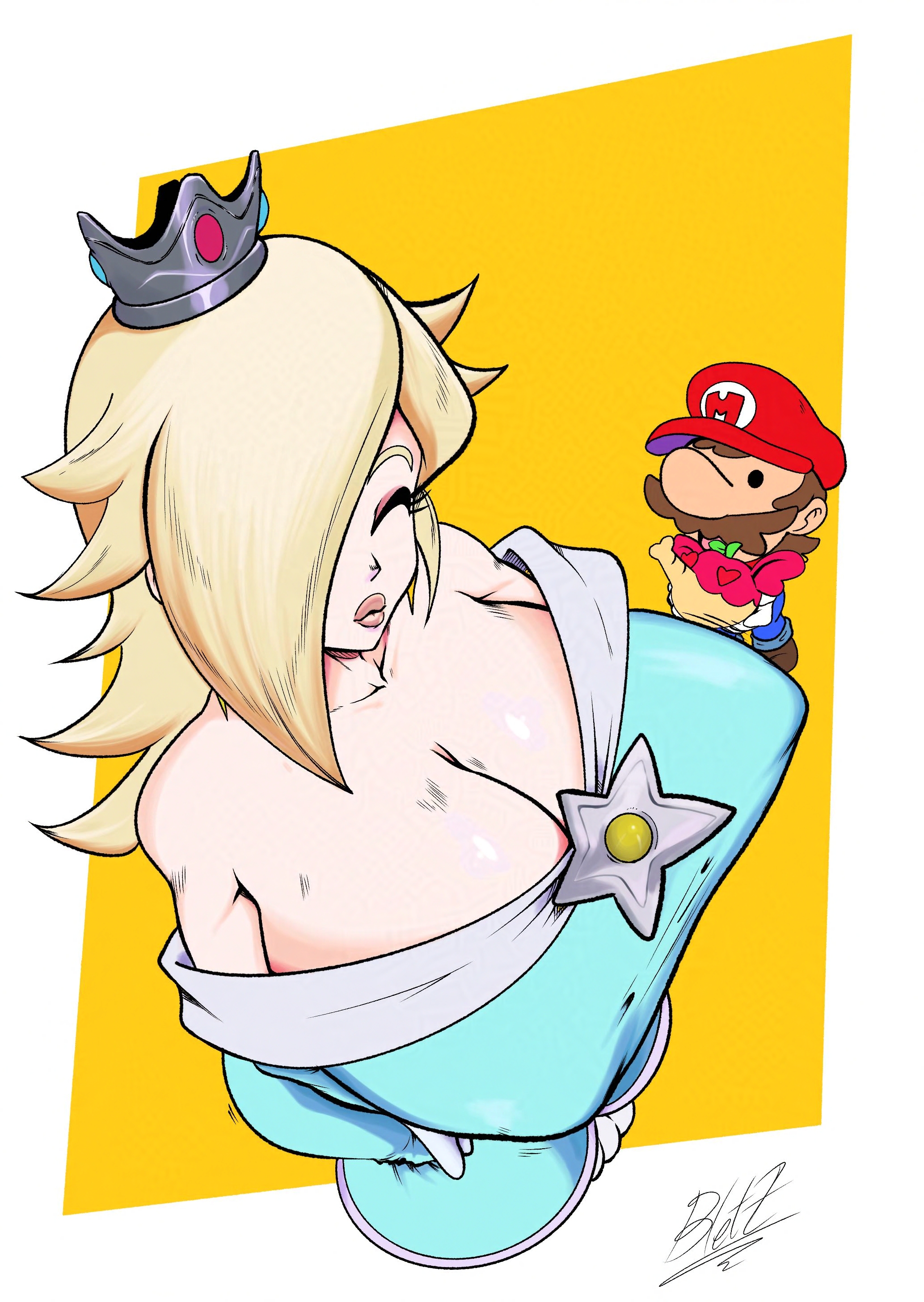 1boy, aqua dress, bare shoulders, blonde hair, blue eyes, breasts, brooch, cleavage, closed eyes, crown, dress, earrings, female, from above, hair over one eye, high heels, jewelry, large breasts, long hair, long sleeves, mario, mario (series), meetup in bellabel park, nintendo, off shoulder, off-shoulder dress, phi wave, pointy breasts, princess rosalina, rosalina, smile, star (symbol), star brooch, star earrings, super mario bros. wonder, super mario bros. wonder + meetup in bellabel park, super mario galaxy