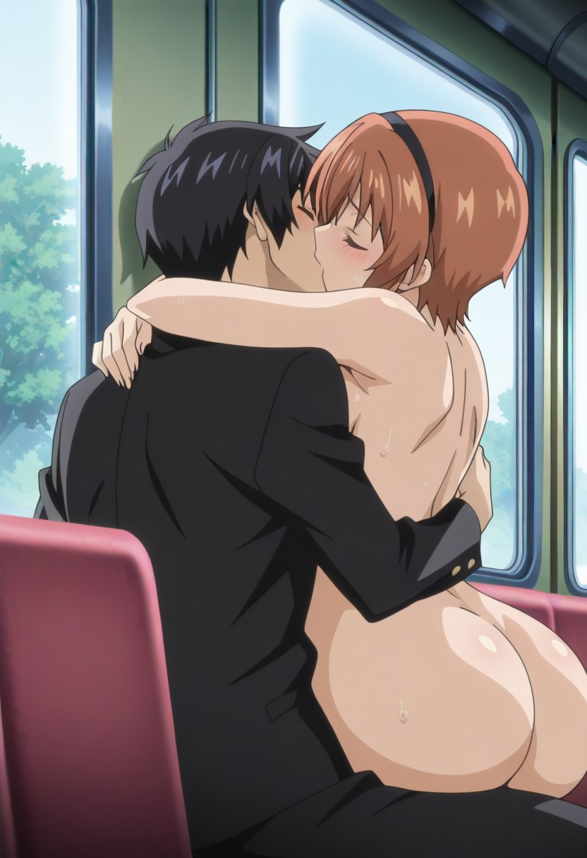 1boy, 1girls, accurate art style, ai generated, arched back, arms around neck, ass, ass focus, auburn hair, black hair, black-haired female, blazer, blush, boyfriend and girlfriend, boyfriend-girlfriend, bubble ass, bubble butt, bus, bus interior, closed eyes, clothed male nude female, clothing, completely nude, completely nude female, couple, cuddling, curvaceous, curvy, curvy body, curvy female, curvy figure, dat ass, day, duo, duo focus, exhibitionism, exhibitionist, female, gakuran, hair ornament, hairband, high resolution, horny, horny female, hugging, implied penetration, indoors, jacket, kissing, making out, male, male/female, medium breasts, mizushima kaho, orange hair, pants, passionate, passionate kiss, petite, petite body, petite female, pixie cut, princess carry, public exposure, public indecency, public nudity, public sex, rin x sen, rin x sen + ran - sem cross mix, road, romantic, romantic couple, round ass, school uniform, seat, short hair, short-haired female, side saddle position, sitting, sitting on lap, sitting on person, straddling, teen, teenage boy, teenage couple, teenage female, teenage girl, teenager, thick ass, thighs, uncensored, vehicle, vehicle interior, viewed from behind, window