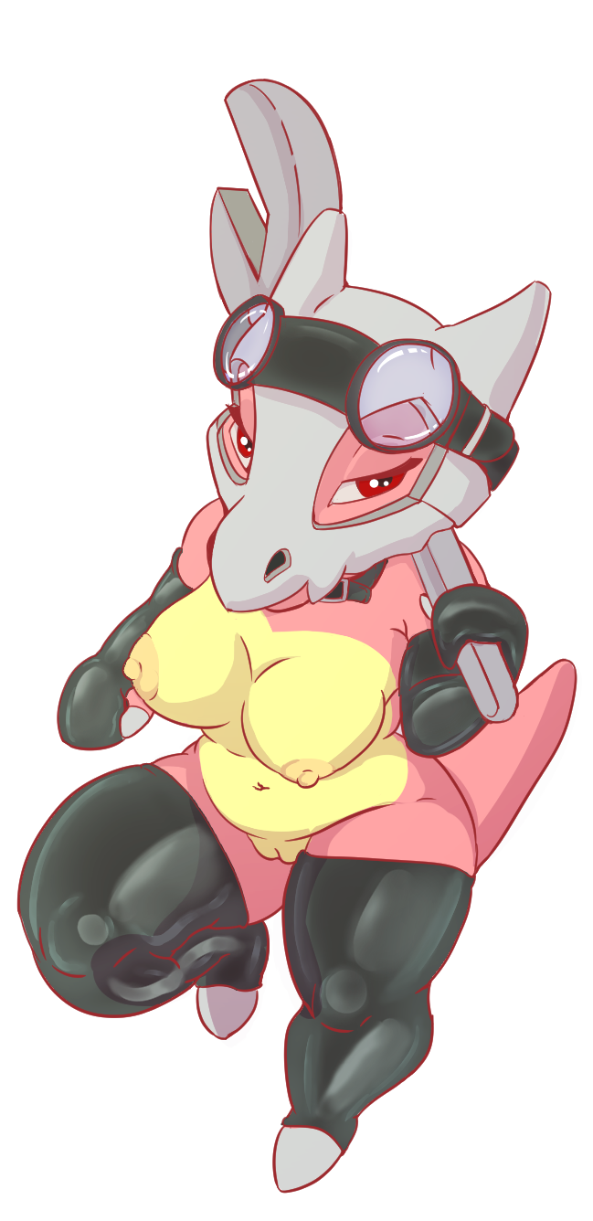 anthro belt breasts clothing collar cubone eyewear female genitals gloves goggles handwear hi_res infycharmander_(character) latex latex_gloves latex_stockings legwear nintendo nipples pokémon_(species) pokemon pokemon_(species) pussy rubber_stockings solo stockings straight_hair tools video_games wrench zody300