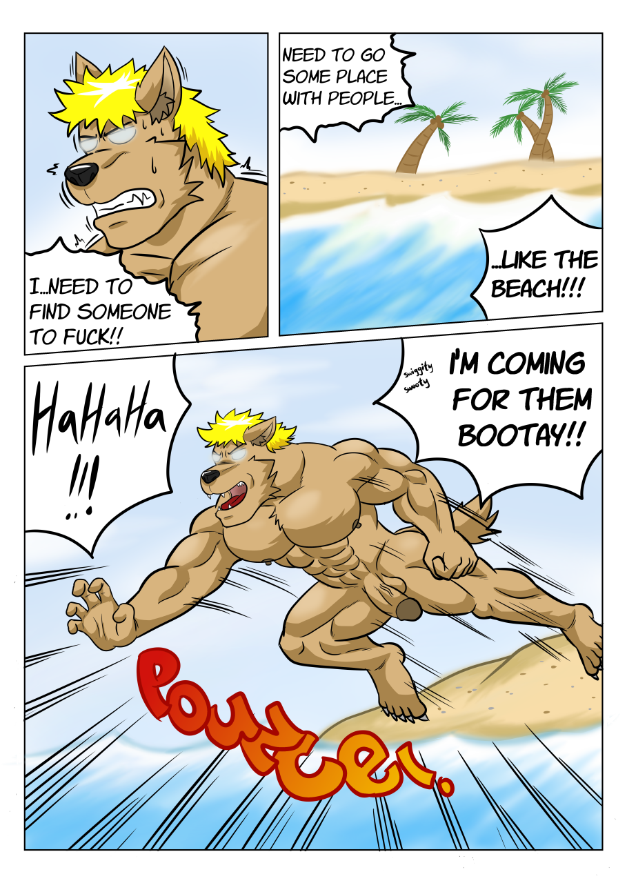 5_fingers 5_toes abs angry anthro beach biceps big_muscles blonde_hair blue_glow brown_body brown_fur canid canine canis clenched_teeth coconut comic dialogue domestic_dog drupe_(fruit) english_text feet fingers food fruit fur glowing glowing_eyes guss_(vju79) hair hi_res male male_only mammal muscular muscular_anthro muscular_male nipples nude onomatopoeia page_45 palm_tree pecs plant pounce profanity ride_the_wave!_(vju79) sand sea seaside sky solo sound_effects teeth text toes tree vju79 water wolf