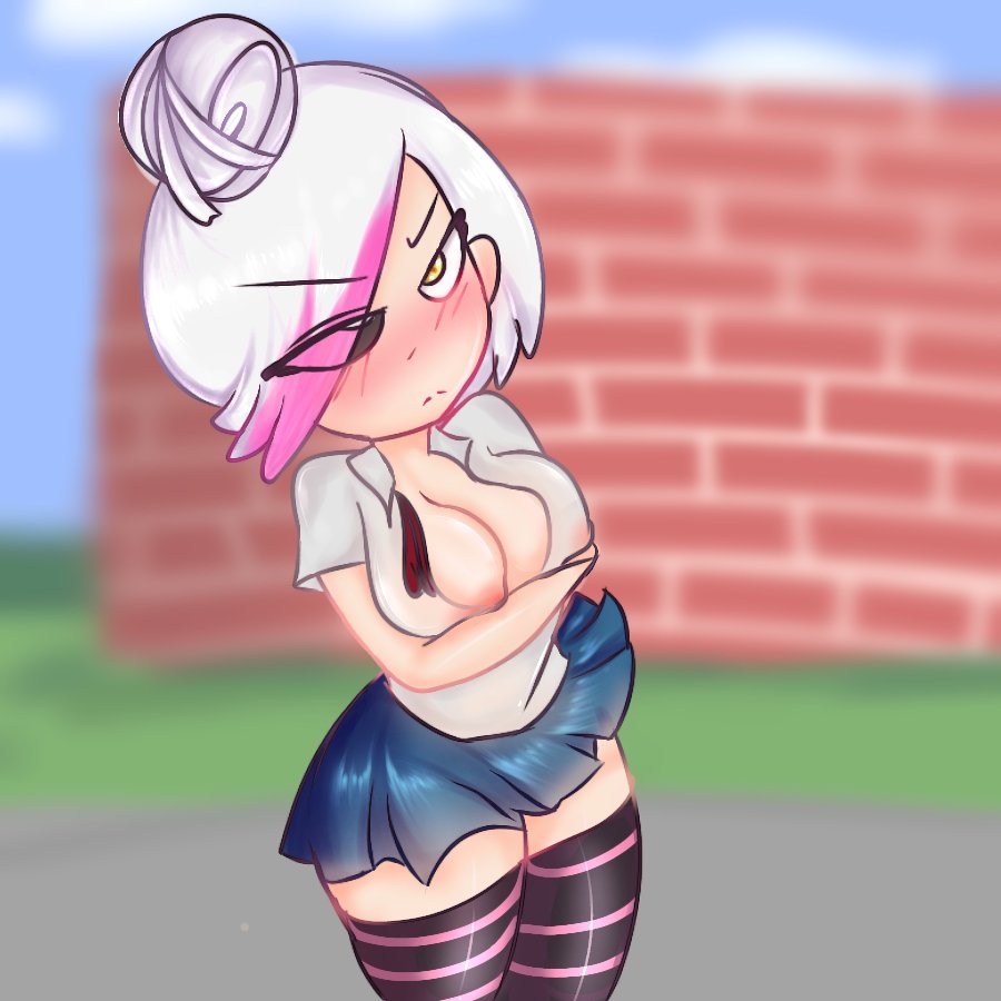 big_breasts blush emo_hair fnafhs fnafhs_z3ro mangle_(fnafhs) meg_(fnafhs) open_clothes pink_hair school_uniform white_hair