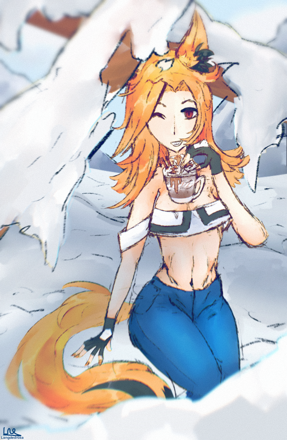 artist_name artist_signature blue_jeans canine_teeth crop_top detailed_background fox_ears fox_girl fox_tail foxgirl hi_res high_resolution jeans mountain orange_fur orange_hair red_eyes signature smile smiling snow xan(koma)