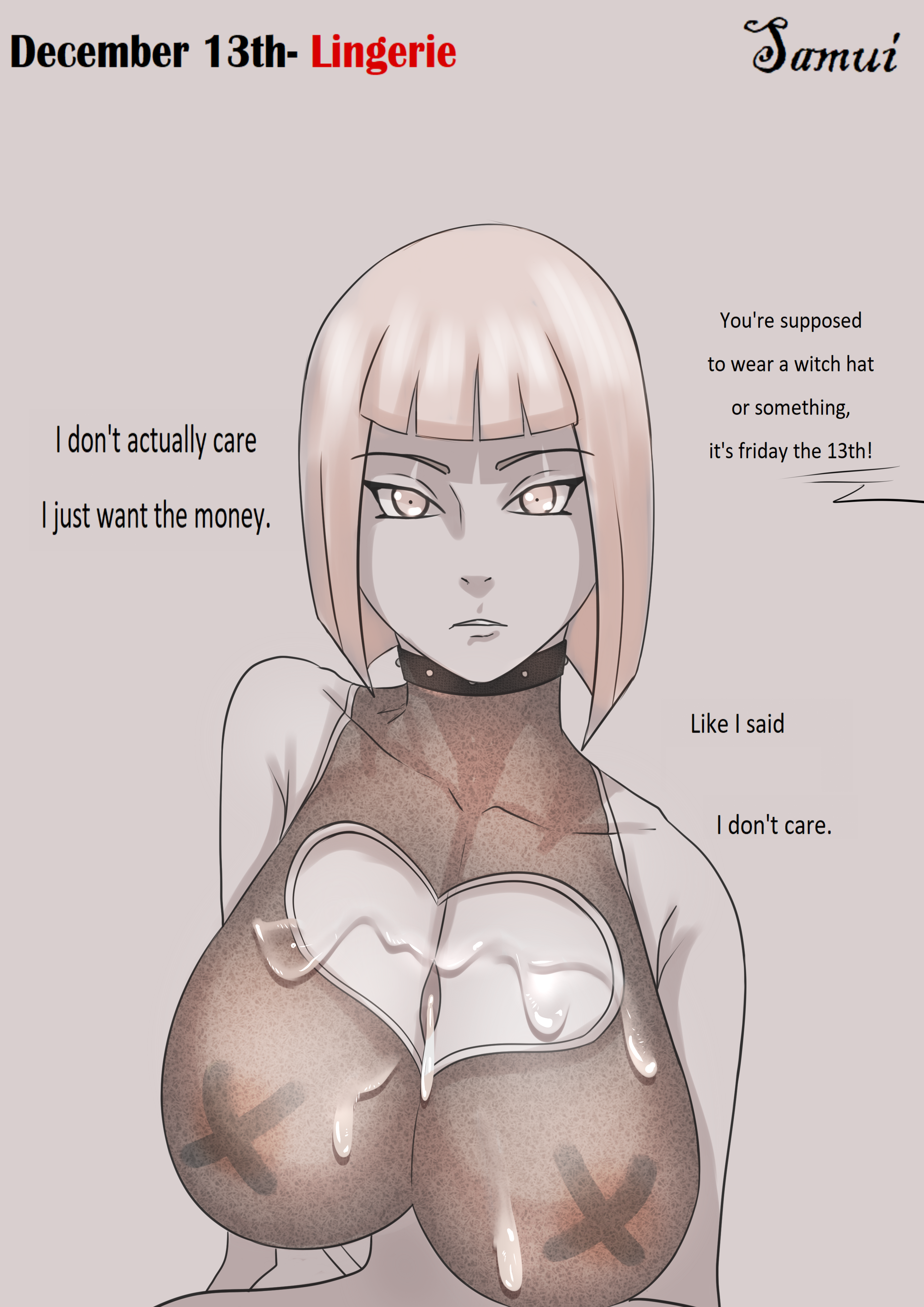 1boy, 1girls, areolae, bare arms, bare shoulders, big breasts, blonde hair, bored, bored sex, breasts, busty, cleavage, cleavage cutout, climax, clothed, clothing, collar, cum, cum on breasts, cumshot, dialogue, disinterested, disinterested sex, ejaculation, emotionless, emotionless sex, english text, expressionless, expressionless sex, faceless male, female, female focus, femdom, human, large areolae, large breasts, looking at viewer, male, male pov, monochrome, mr.russo, naruto, naruto (series), naruto shippuden, paizuri, partially clothed, penis, pink nipples, pov, pov eye contact, samui, see-through, see-through clothing, sleeveless, sleeveless shirt, solo focus, text, titjob, unamused, unamused sex, unenthusiastic, unenthusiastic sex, uninterested, uninterested sex