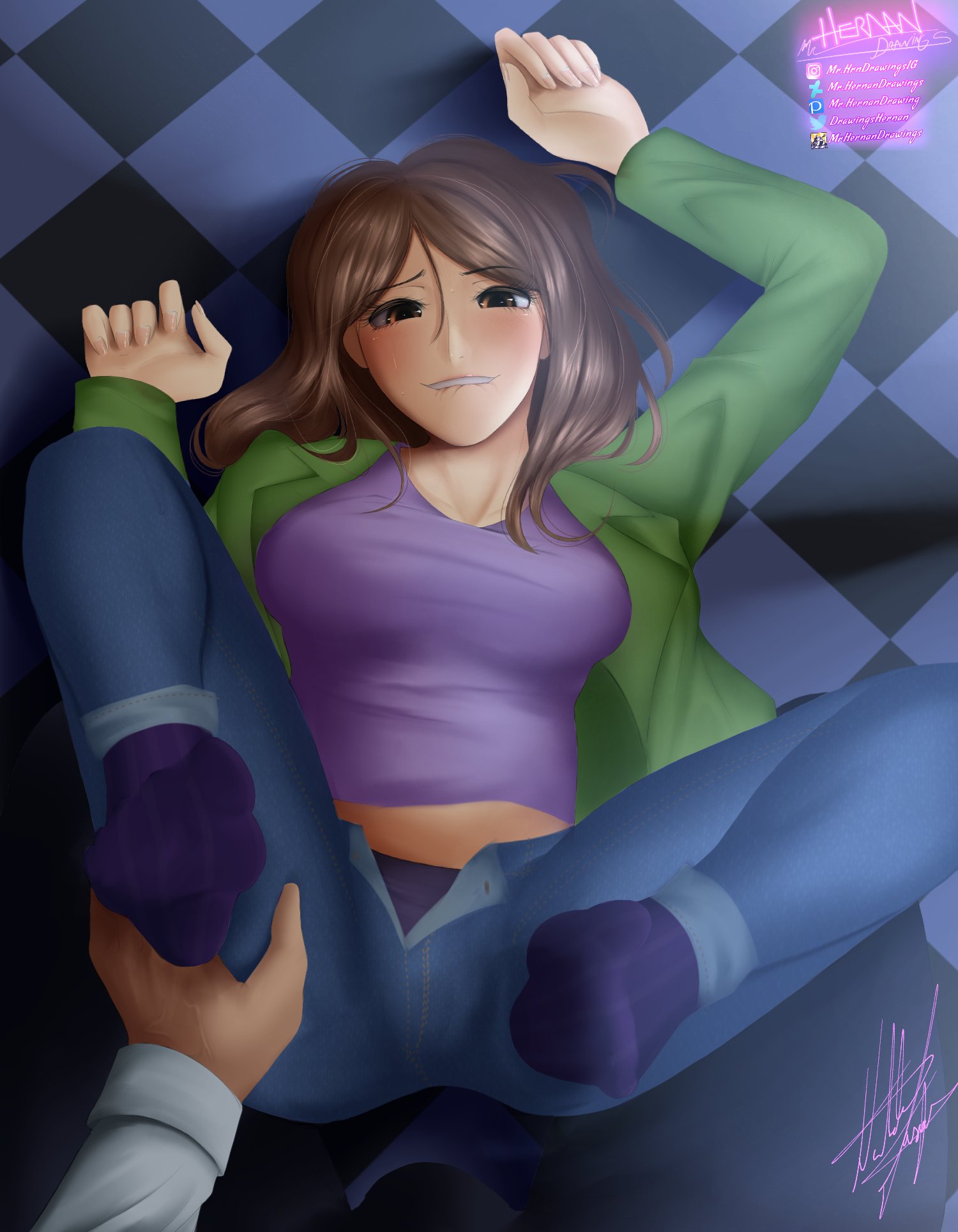 1boy, 1girls, alternate version available, amber eyes, biting lip, breasts, brown eyes, brown hair, charlotte emily, feet, feet up, female, five nights at freddy's, floor, floor sex, floor tiles, fnaf novels, full body, green jacket, hands up, jeans, legs, legs held open, legs up, long hair, looking at viewer, looking pleasured, male, medium breasts, missionary, missionary position, mrhernandrawings, png version available, pov, purple shirt, purple socks, relaxed, security guard, straight, thighs, thighs grab, william afton