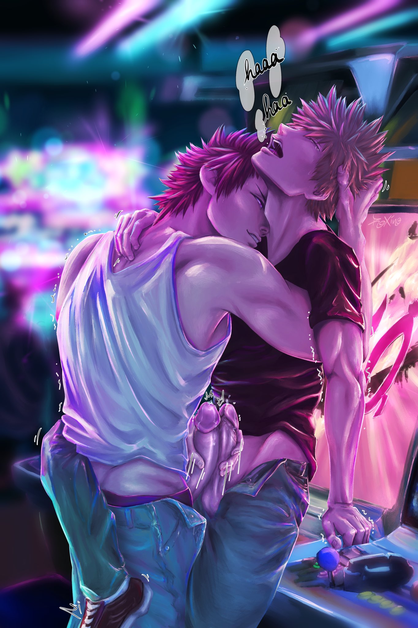 2boys arcade clothed clothing eijirou_kirishima face_in_neck frottage gay hand_on_head hand_on_penis handjob katsuki_bakugou leg_around_waist male male/male male_only my_hero_academia open_mouth penis public public_exposure roxxxino yaoi