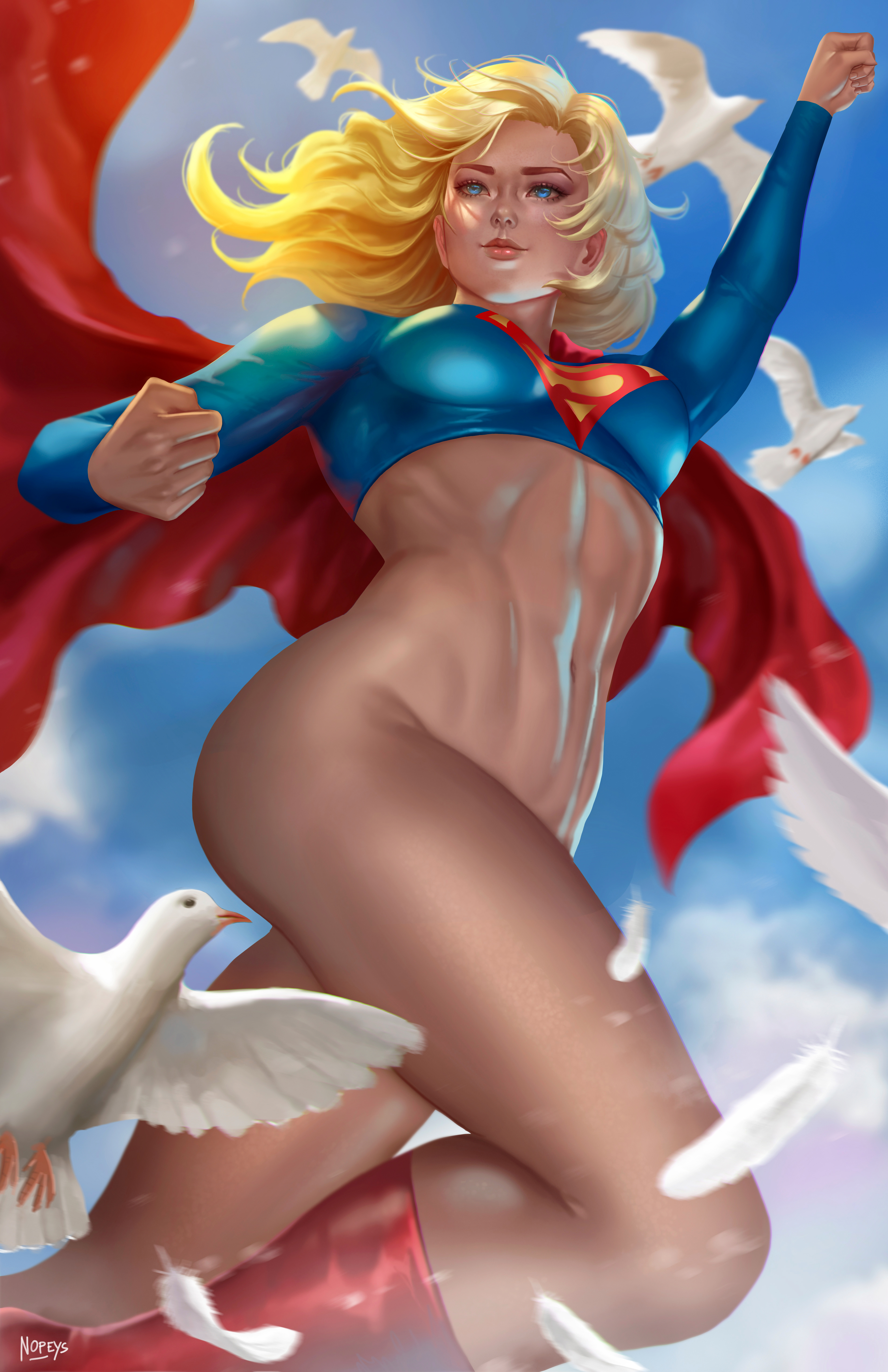 1girls, bird, birds, blonde hair, blue eyes, bottomless, dc, dc comics, edit, female, female only, flying, kara zor-el, long hair, no panties, nopeys, realistic, red cape, solo, supergirl, supergirl (series), superheroine, superman (series)