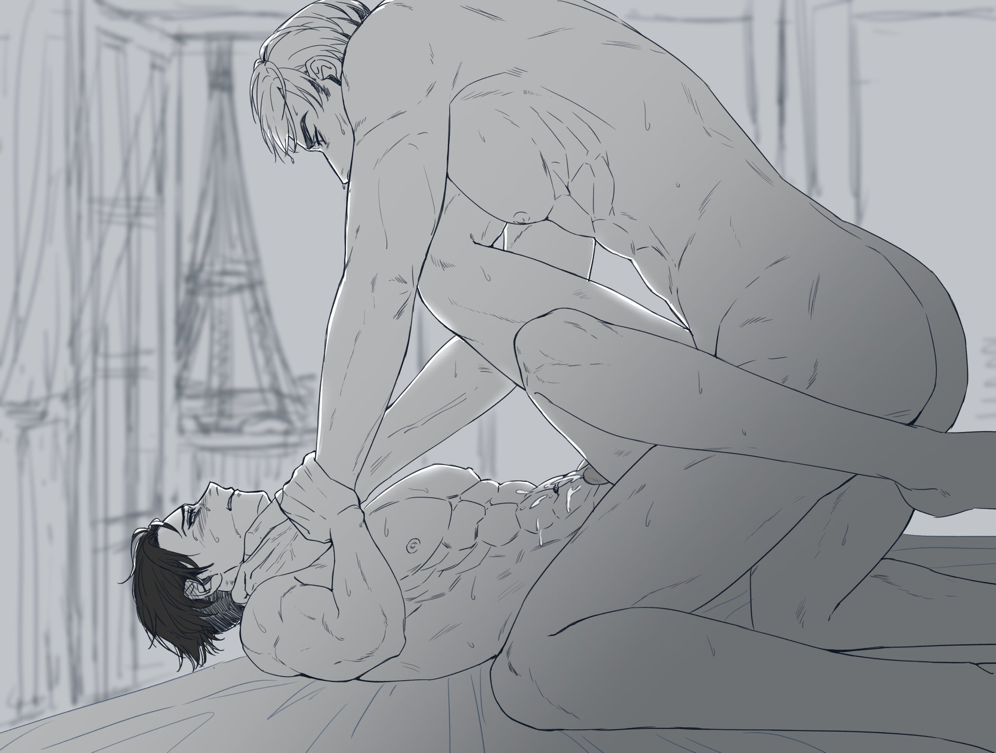 2boys, asphyxiation, attack on titan, bare arms, bare chest, bare legs, bare shoulders, bare thighs, barefoot, choking, cum, cum on body, erwin smith, gay, implied anal, implied penetration, implied sex, levi, levi ackerman, male, male only, male/male, marryliame, monochrome, nude, nude male, penis, shingeki no kyojin, size difference, tears, yaoi