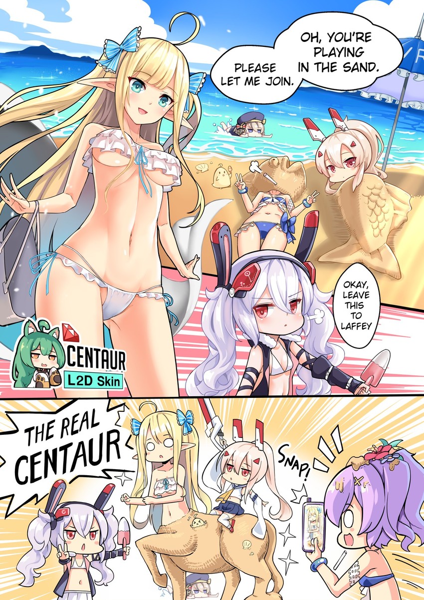 7girls akashi_(azur_lane) aqua_eyes ayanami_(azur_lane) azur_lane bikini blonde_hair centaur_(azur_lane) comic female female_only frilled_bikini frills hmongt javelin_(azur_lane) javelin_(beach_picnic!)_(azur_lane) laffey_(azur_lane) manjuu_(azur_lane) multiple_girls navel pointy_ears smile string_bikini underboob z23_(azur_lane)