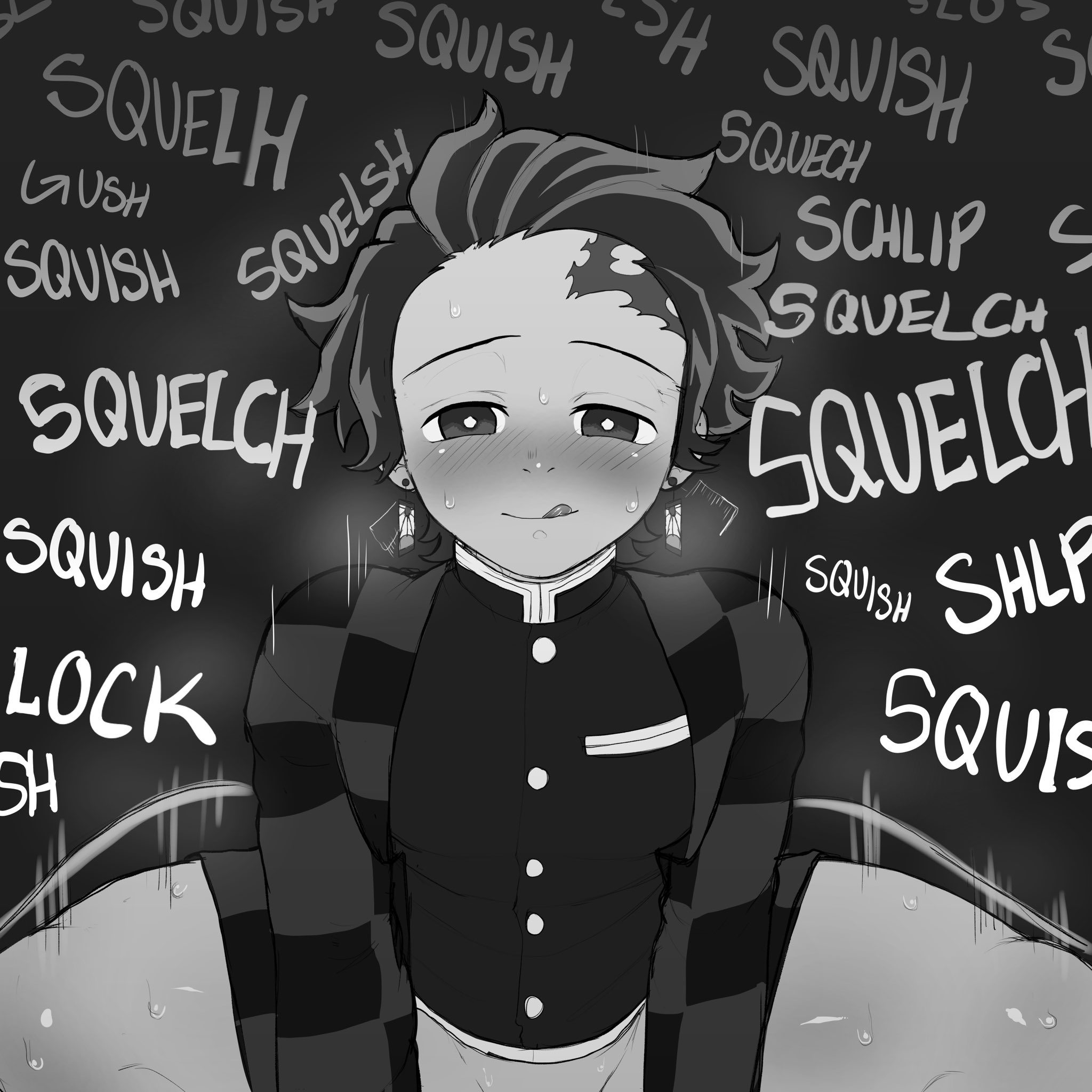 1boy, blackwhiplash, bwl, demon slayer, gay, greyscale, hanafuda, kamado tanjirou, kimetsu no yaiba, male, monochrome, riding, scar, solo, solo focus, solo male, steam