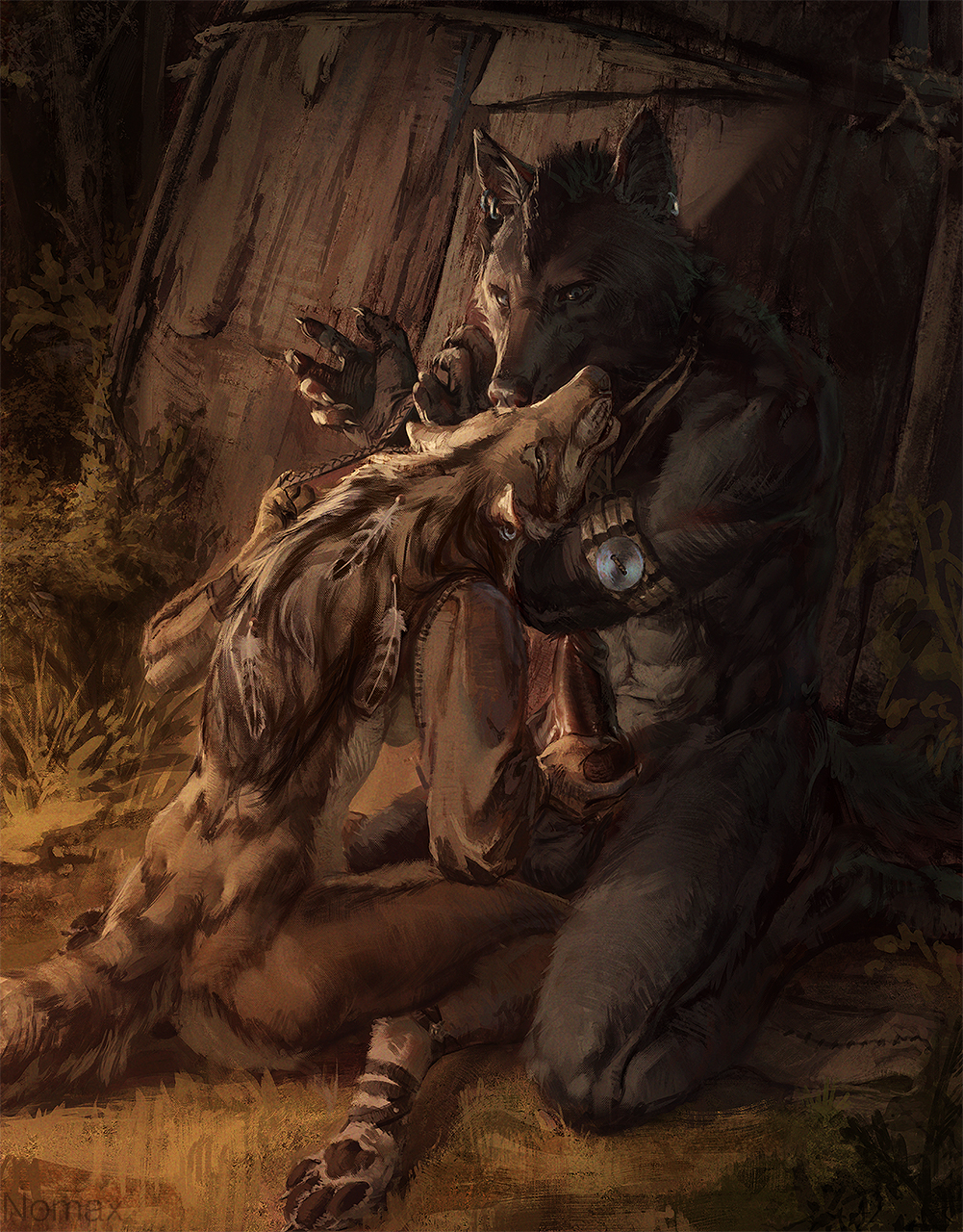 2017 5_fingers anthro armband balls biped black_body black_fur breasts brown_body brown_fur canid canine canis claws detailed_background digital_media_(artwork) duo ear_piercing erection feathers feet female fingers forest fur genitals hi_res holding_penis humanoid_hands knot male male/female mammal nomax nude outside pawpads paws penis piercing plant sitting smokepaw tree wolf