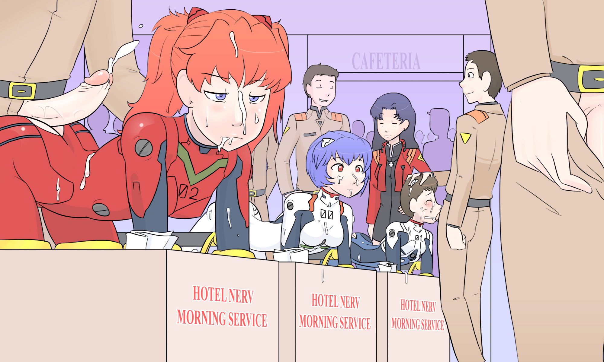 3girls, 5boys, asuka langley sohryu, bi domination, bisexual, bisexual male, blue eyes, blue hair, bodysuit, bondage, both sexes in same situation, box restrained, breasts, casual, clothing, cum, cum on face, cum on hair, english text, erection, fellatio, female, female supporting yaoi, femsub, free use, gainax, group, human, large breasts, light skin, light-skinned female, long hair, male, male and female subs, malesub, misato katsuragi, multiple boys, multiple females, multiple girls, multiple males, multiple subs, neon genesis evangelion, nerv, nobody in particular, oral, oral sex, orange hair, orgy, pale skin, penis, pilot suit, plugsuit, public, public use, purple hair, rei ayanami, restrained, service, sex, sexual service, shinji ikari, short hair, straight, text, tissue, utter domination, yaoi