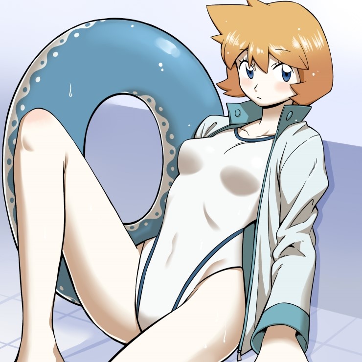 bangs, blue eyes, blush, breasts, collarbone, covered navel, creatures (company), eyebrows, eyebrows visible through hair, female, game freak, ginger, gym leader, hair between eyes, innertube, jacket, kasumi (pokemon), leg up, long sleeves, medium breasts, misty (pokemon hgss), misty (pokemon), nintendo, one leg raised, one-piece swimsuit, open clothes, open jacket, orange hair, pokemon, pokemon (game), pokemon hgss, red hair, short hair, short orange hair, sitting, solo, swimsuit, white jacket, white swimsuit