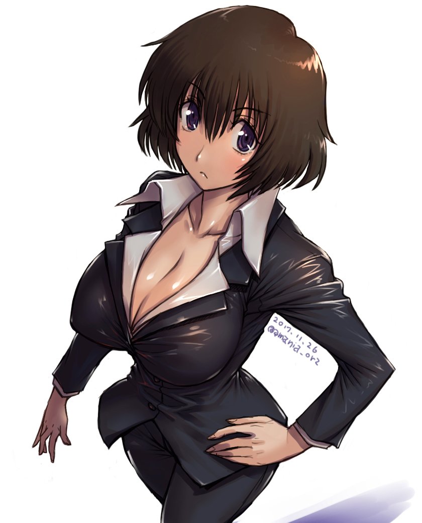 1girls amania_orz big_breasts black_hair blood_blockade_battlefront blouse bob_cut breasts chain_sumeragi cleavage clothed erect_nipples female female_only formal formal_attire formal_clothes formal_wear girl_in_suit image kekkai_sensen long_sleeves looking_at_viewer nipple_bulge shirt short_hair suit woman_in_suit