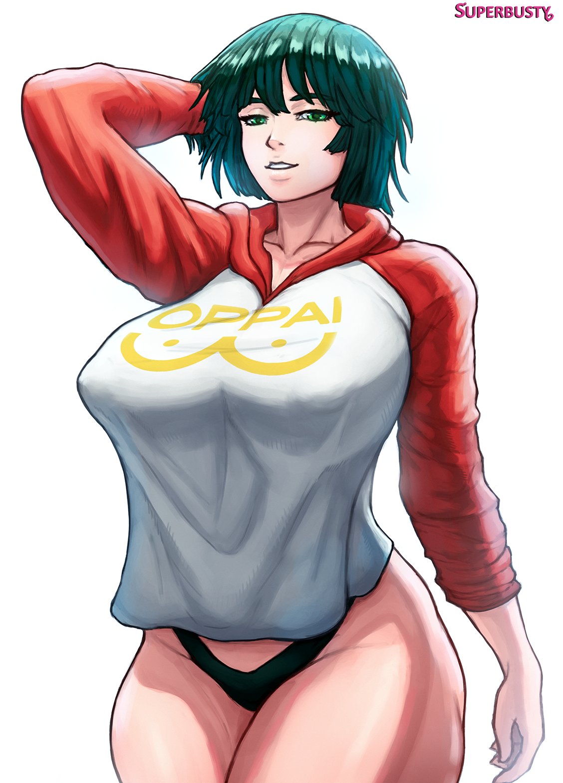 1girls, big breasts, black panties, breasts, female, female only, fubuki (one-punch man), green eyes, green hair, hoodie, large breasts, looking at viewer, mature, mature female, nipples visible through clothing, no pants, one-punch man, panties, solo, solo female, superbusty, thick thighs, voluptuous