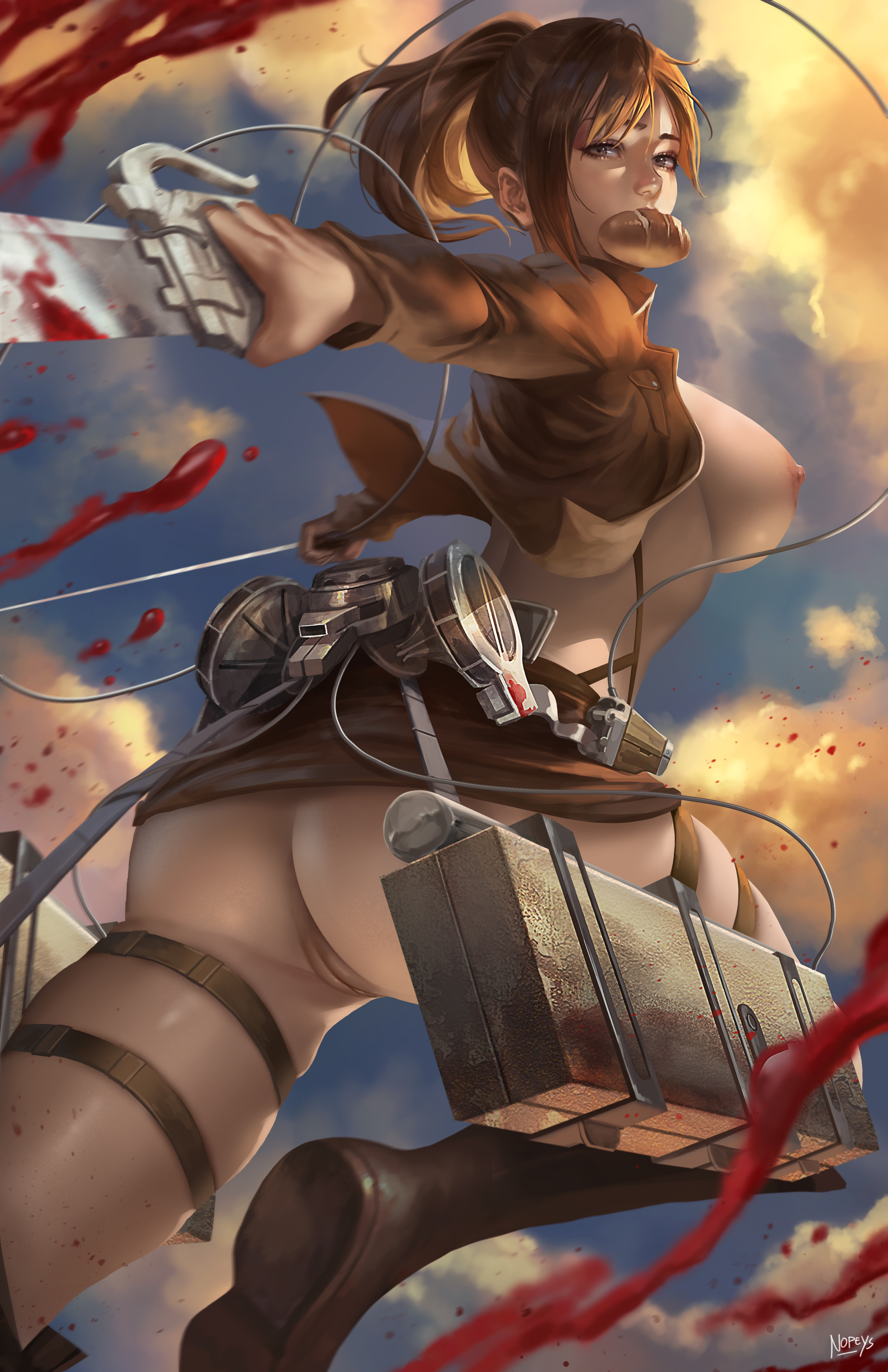 1girls, absurd res, ass, attack on titan, blood, bread, breasts, brown eyes, brown hair, female, female only, food, hi res, large breasts, looking back, nopeys, ponytail, pose, pussy, sasha braus, shingeki no kyojin, sideboob, solo, sword, thighs, weapon