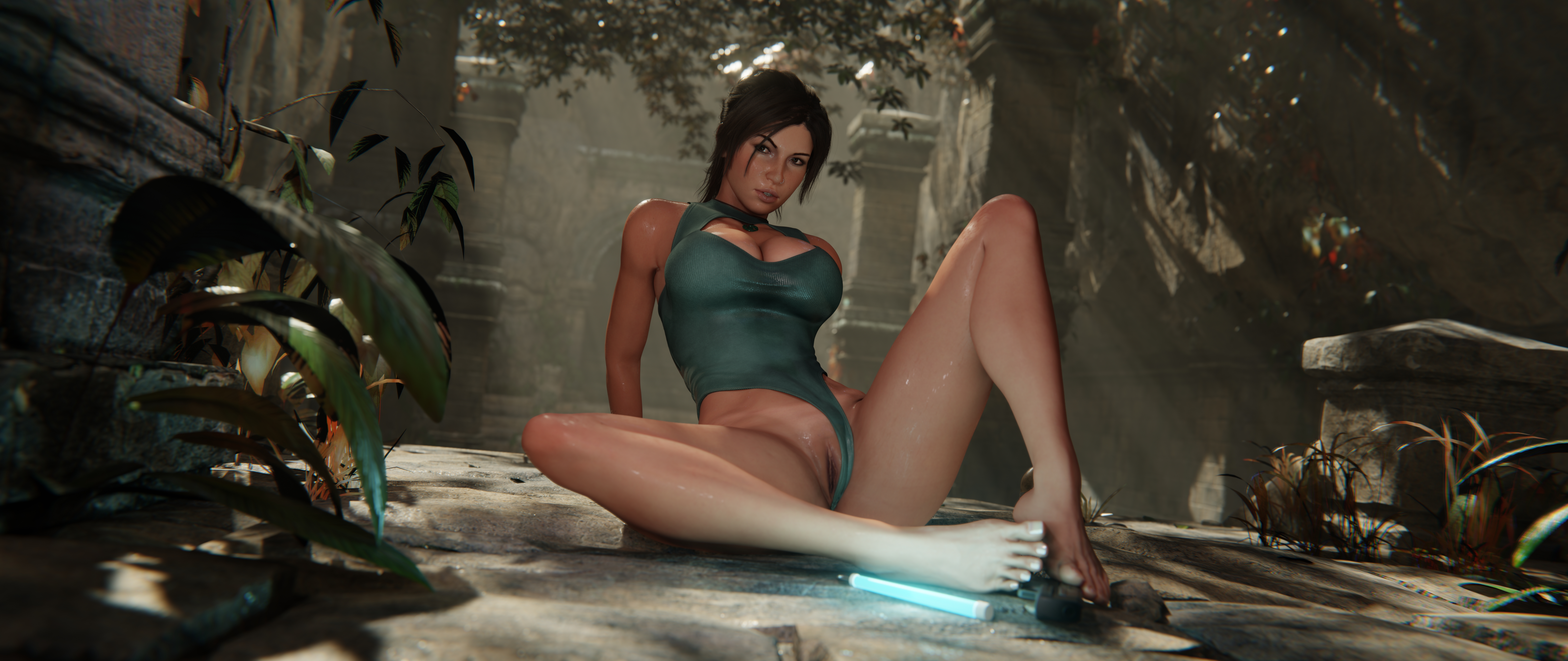 1girls, 3d, barefoot, big breasts, bodysuit, breasts, brown eyes, brown hair, cameltoe, cleavage, cleavage cutout, clothing, feet, female, female focus, female only, firearm, handgun, high resolution, highres, hourglass figure, human, jewelry, lara croft, lara croft (survivor), legs, long hair, no eyewear, oil, oiled, oiled skin, oily, pendant, ponytail, pussy, shaved pubes, shaved pussy, spread legs, strauzek, tagme, toenails, toes, tomb raider, tomb raider (survivor), very high resolution, weapon, wet, wet body, wet clothes, wet skin, wide hips