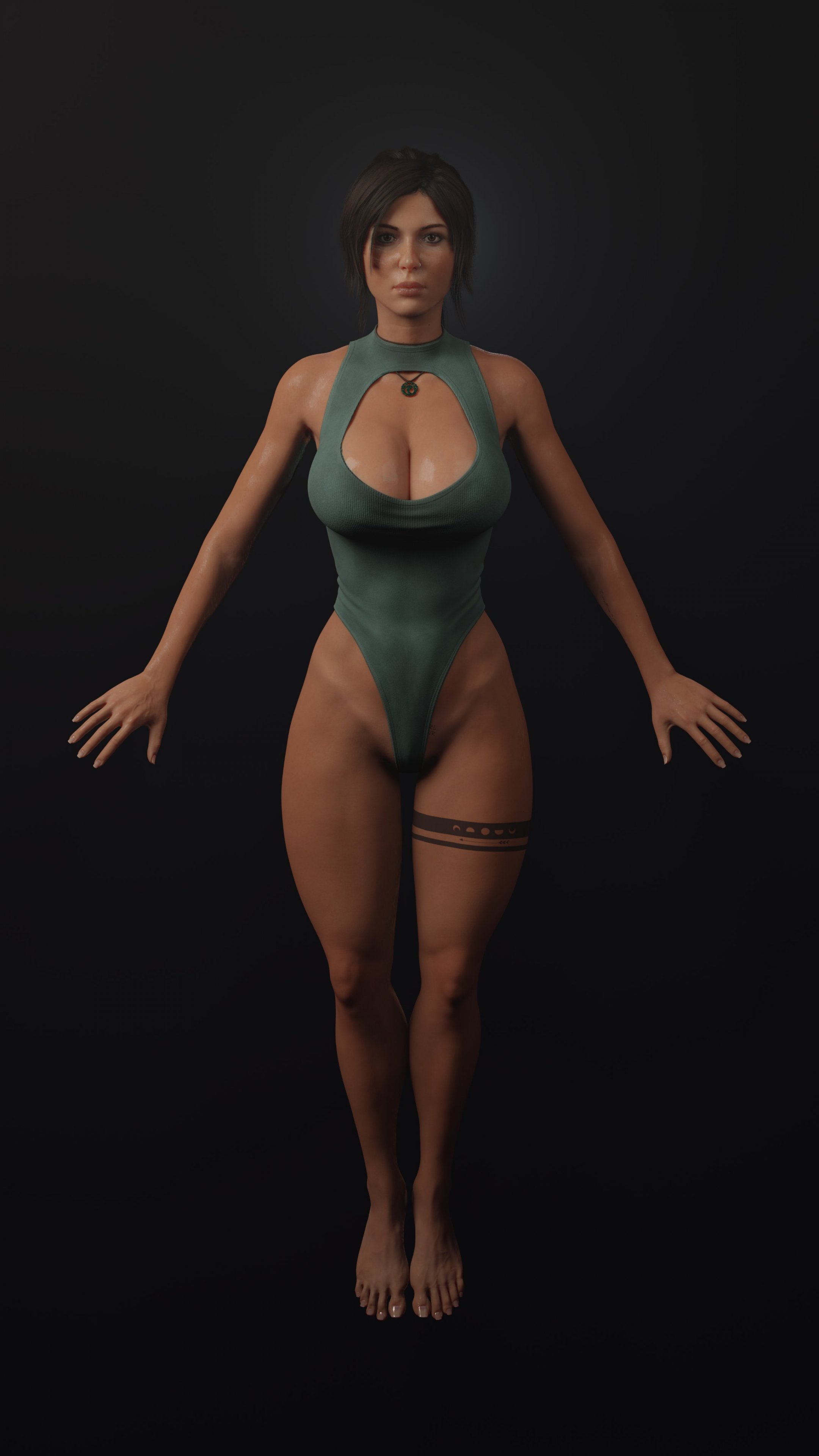 3d, barefoot, blender, blender (software), breasts, brown hair, busty, cleavage, cleavage cutout, feet, female, hourglass figure, lara croft, lara croft (survivor), large breasts, legs, leotard, no eyewear, oiled, oiled skin, pendant, strauzek, sweat, sweaty, tan lines, tan skin, tanline, tight fit, tomb raider, tomb raider (survivor), wide hips