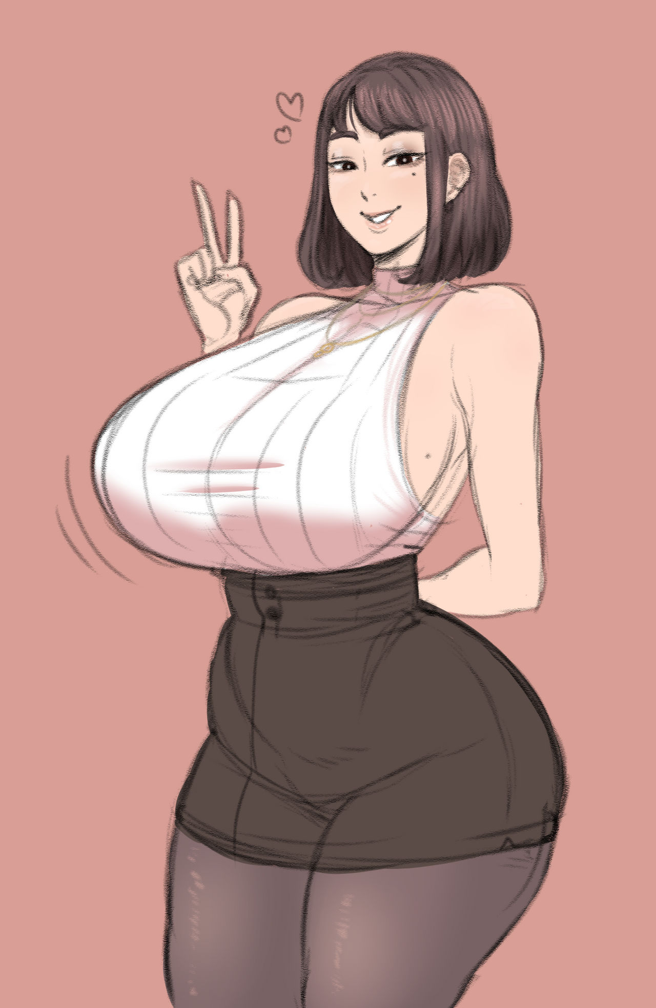 1girls, ass, big ass, big breasts, breasts, fat ass, female, franktonius, huge ass, huge breasts, leggings, medium hair, peace sign, skirt, smile, thick thighs, thighs, tight clothing, tight skirt, wide hips