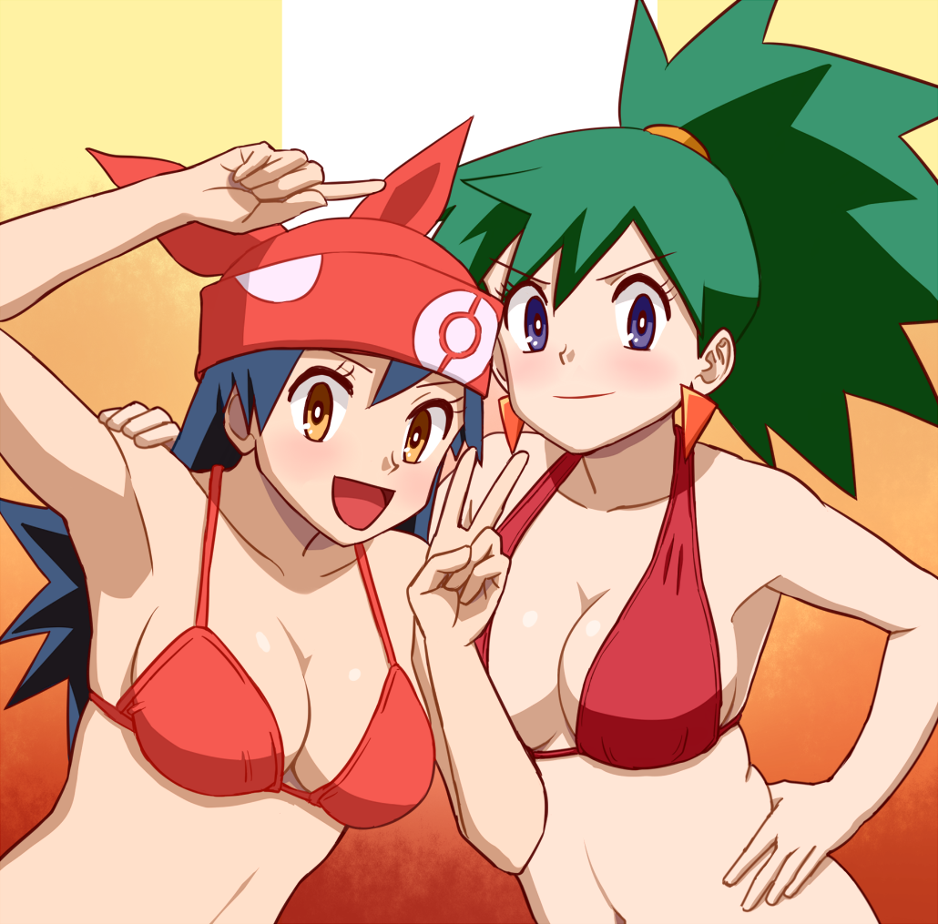 00s 2girls armpits bandana bikini blue_eyes blue_hair blush breasts brown_eyes cleavage duo earrings female green_eyes green_hair jewelry large_breasts light-skinned_female light_skin lisa_(pokemon) liza_(pokemon_johto) long_hair multiple_girls nakaba nintendo open_mouth poke_ball_symbol pokemon pokemon_(anime) pokemon_(movie) pokemon_3:_the_movie_-_spell_of_the_unown:_entei pokemon_gsc pokemon_trainer ponytail red_bandana rin_(pokemon) sieg_(pokemon) smile spiky_hair swimsuit v