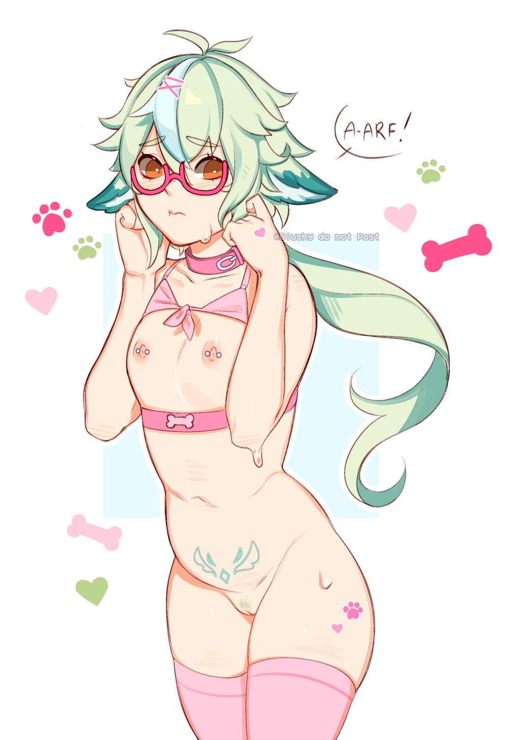 1girls, 6lushy, animal ears, breasts, collar, female, frown, genshin impact, glasses, green hair, nipple piercing, nipples, nude, pierced nipples, piercing, piercings, pussy, small breasts, solo, sucrose (genshin impact), sweat, uncensored