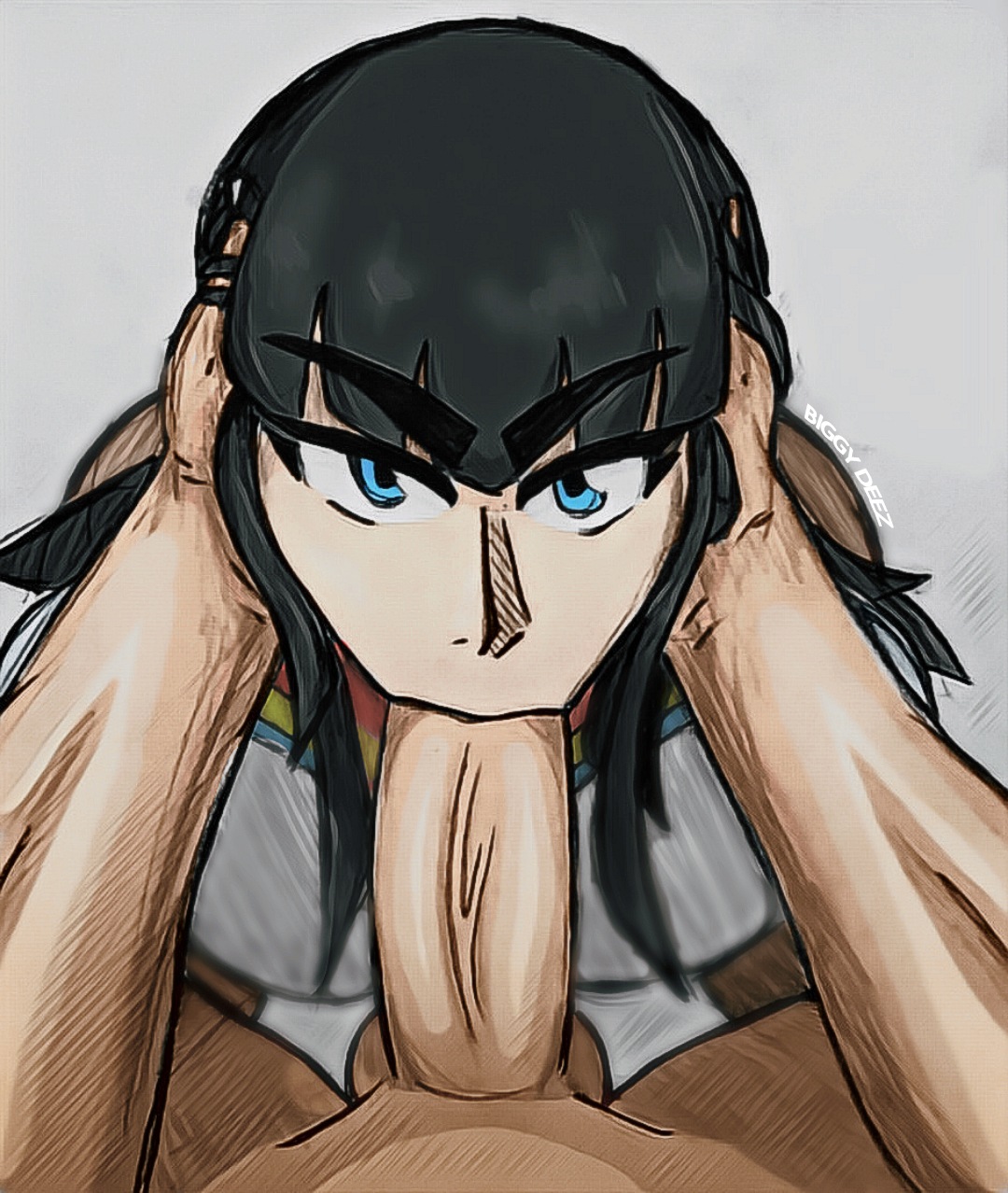 big penis, biggy deez, black hair, blowjob, blue eyes, caress, caressing face, fellatio, female, head grab, holding head, interracial, kill la kill, kiryuuin satsuki, light skin, light-skinned female, light-skinned male, looking at viewer, looking up, male, on knees, oral, pale skin, pale-skinned female, penis, penis in mouth, studio trigger, traditional media (artwork), unseen male face