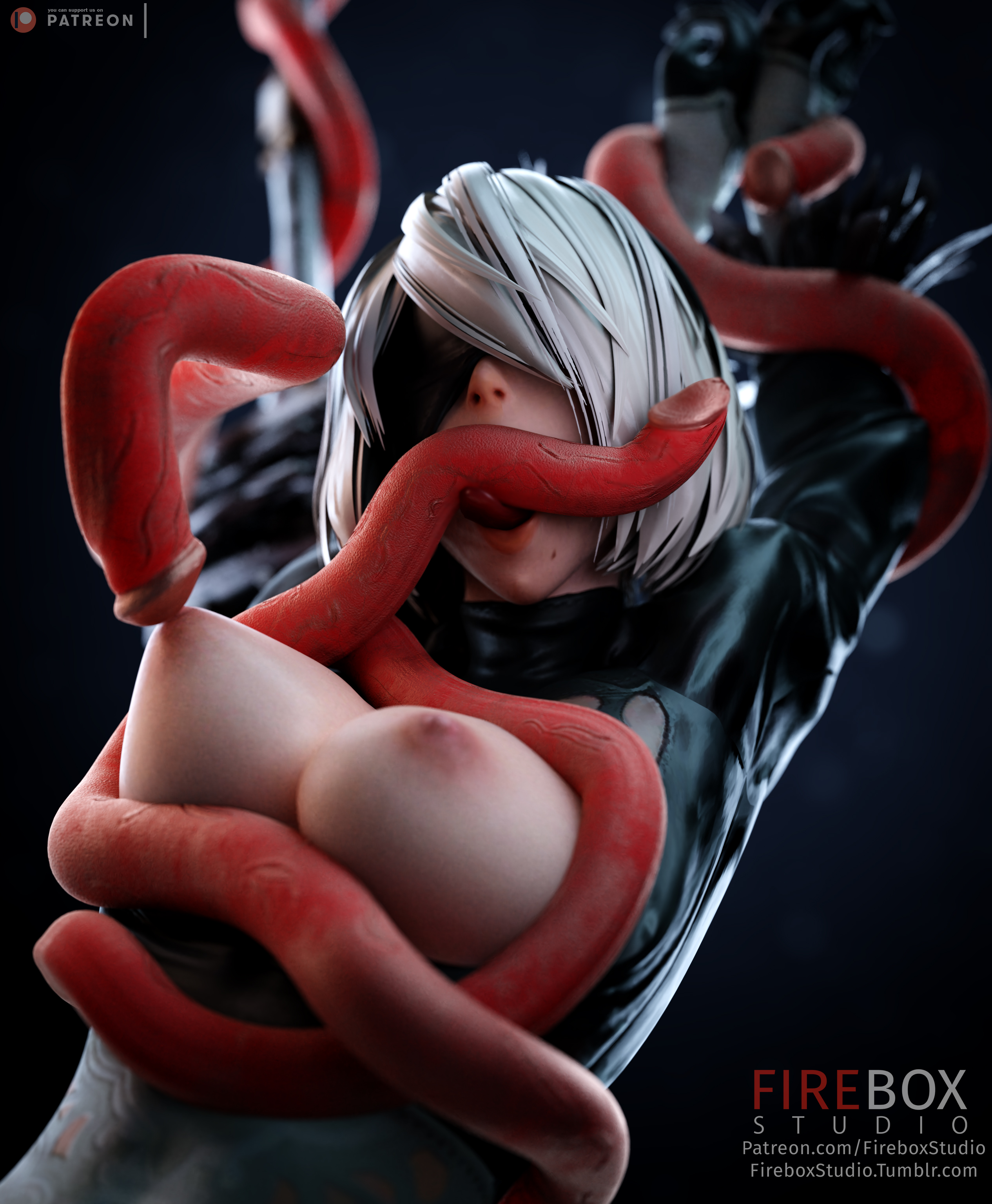 3d, breast squeeze, breasts, exposed breasts, exposed nipples, female, fireboxstudio, highres, nier: automata, nipple pull, nipple tweak, tentacle, tentacle bondage, tentacle in mouth, yorha 2b
