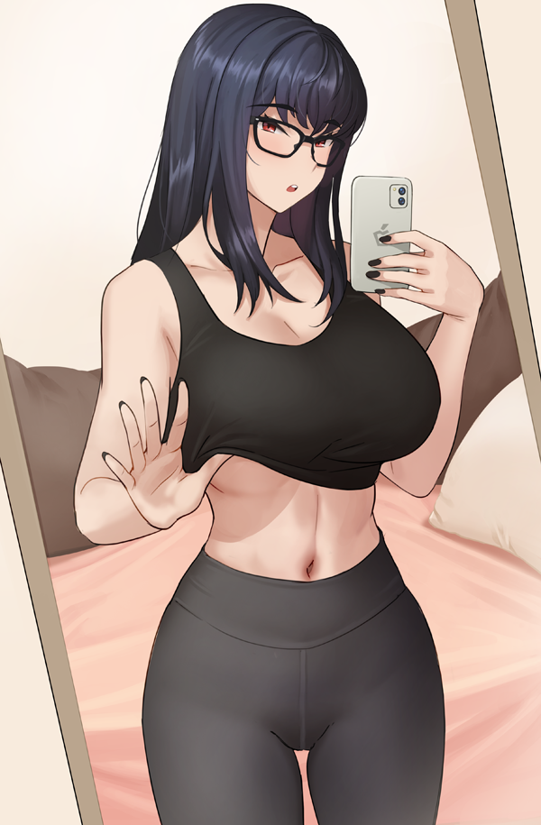 bed black_hair black_nails breasts busty dark_hair female glasses kkamja large_breasts long_hair mirror nail_polish original pants phone pulling_up_shirt reina_(kkamja) selfie shirt_lift solo sweatpants tank_top