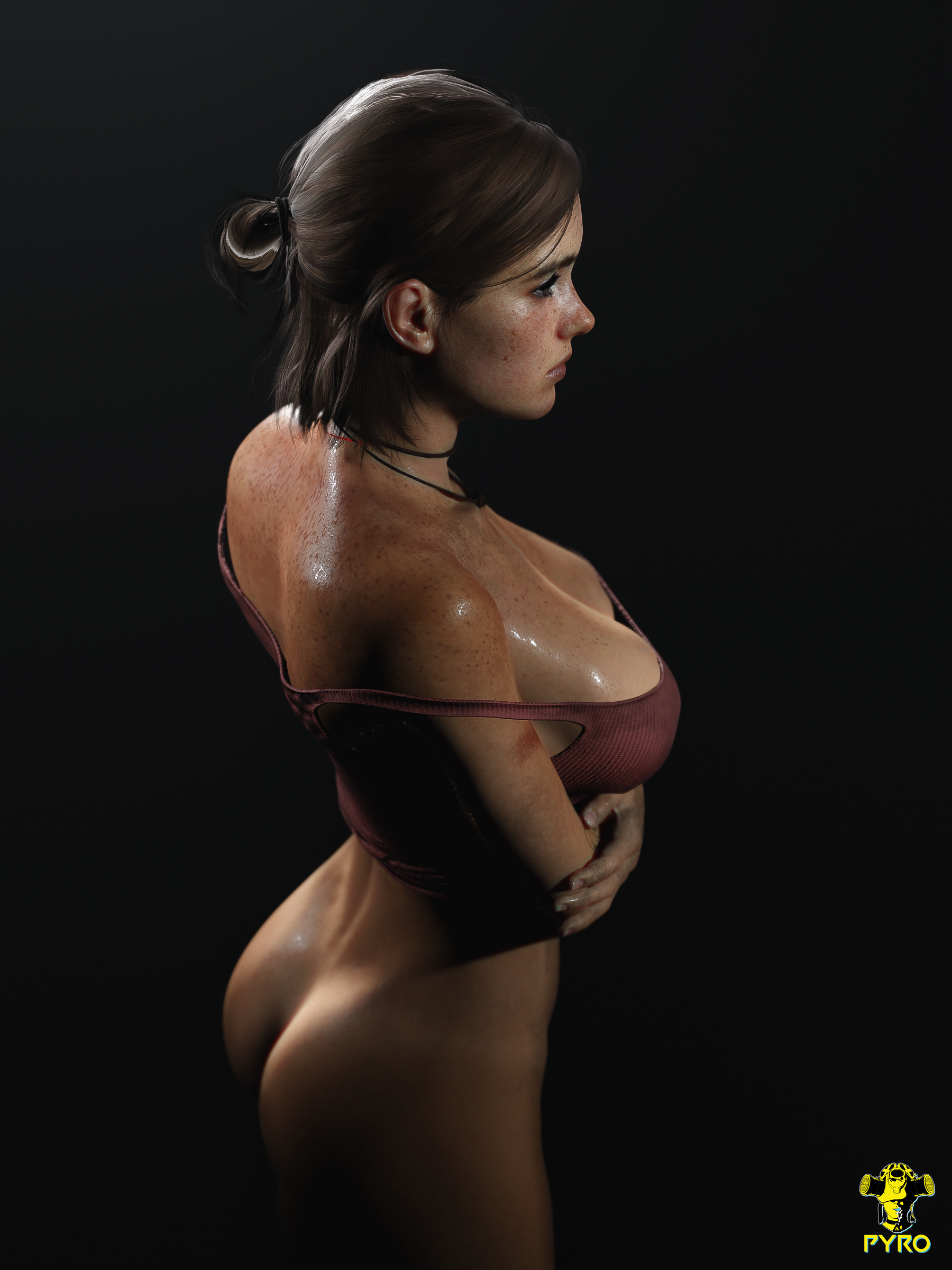 1girls, 3d, ass, big breasts, breasts, brown hair, bubble ass, bubble butt, busty, ellie (the last of us), ellie williams, female, female focus, female only, freckles, hourglass figure, long hair, naughty dog, necklace, pyro (artist), realistic, rear view, solo, solo female, standing, tagme, the last of us, the last of us 2, wide hips