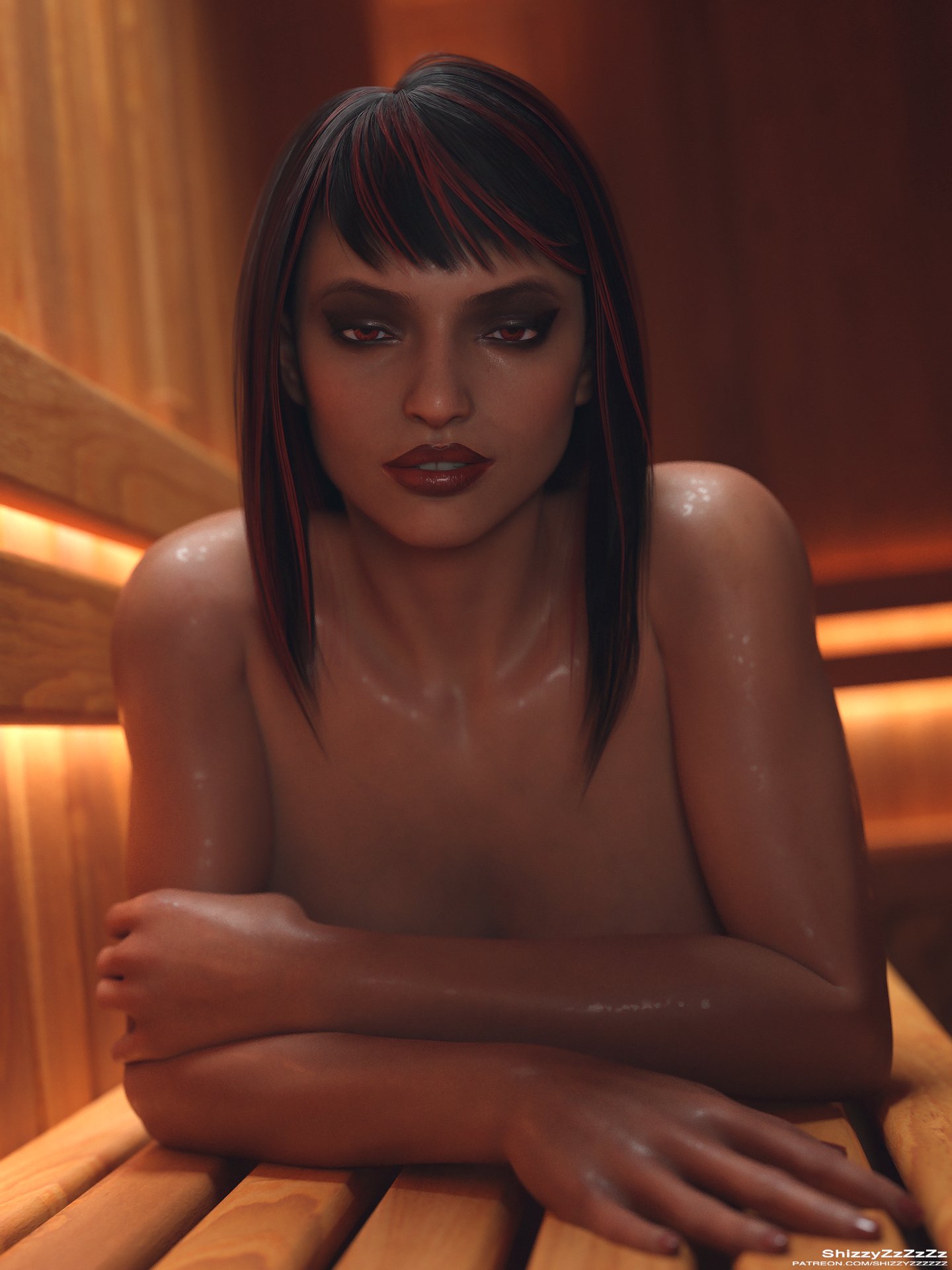 1girls, 3d, black hair, blender, eyeshadow, female, female only, lipstick, looking at viewer, mortal kombat, mortal kombat 11, nude, red eyes, red hair, sauna, shizzyzzzzzz, skarlet, solo, the pose, two-tone hair, wet skin