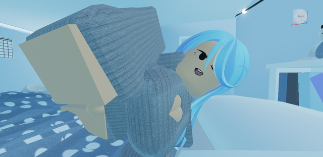 1girls 3d bed bedroom big_breasts black_eyes blue_hair breasts cleavage cleavage_cutout clothed female female_only grey_sleeves grey_sweater in_bed long_hair long_sleeves looking_at_viewer lying_on_side open_mouth pale-skinned_female pale_skin pov roblox robloxian skirt sleeves solo solo_female sweater tongue