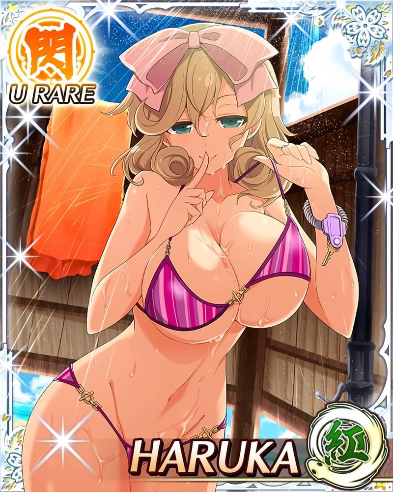 bikini, blonde hair, breasts, curly hair, curvaceous, female, green eyes, hair ornament, hair ribbon, haruka (senran kagura), large breasts, looking at viewer, navel, outdoors, ribbon, senran kagura, short hair, swimsuit, teasing, voluptuous, wet, yaegashi nan