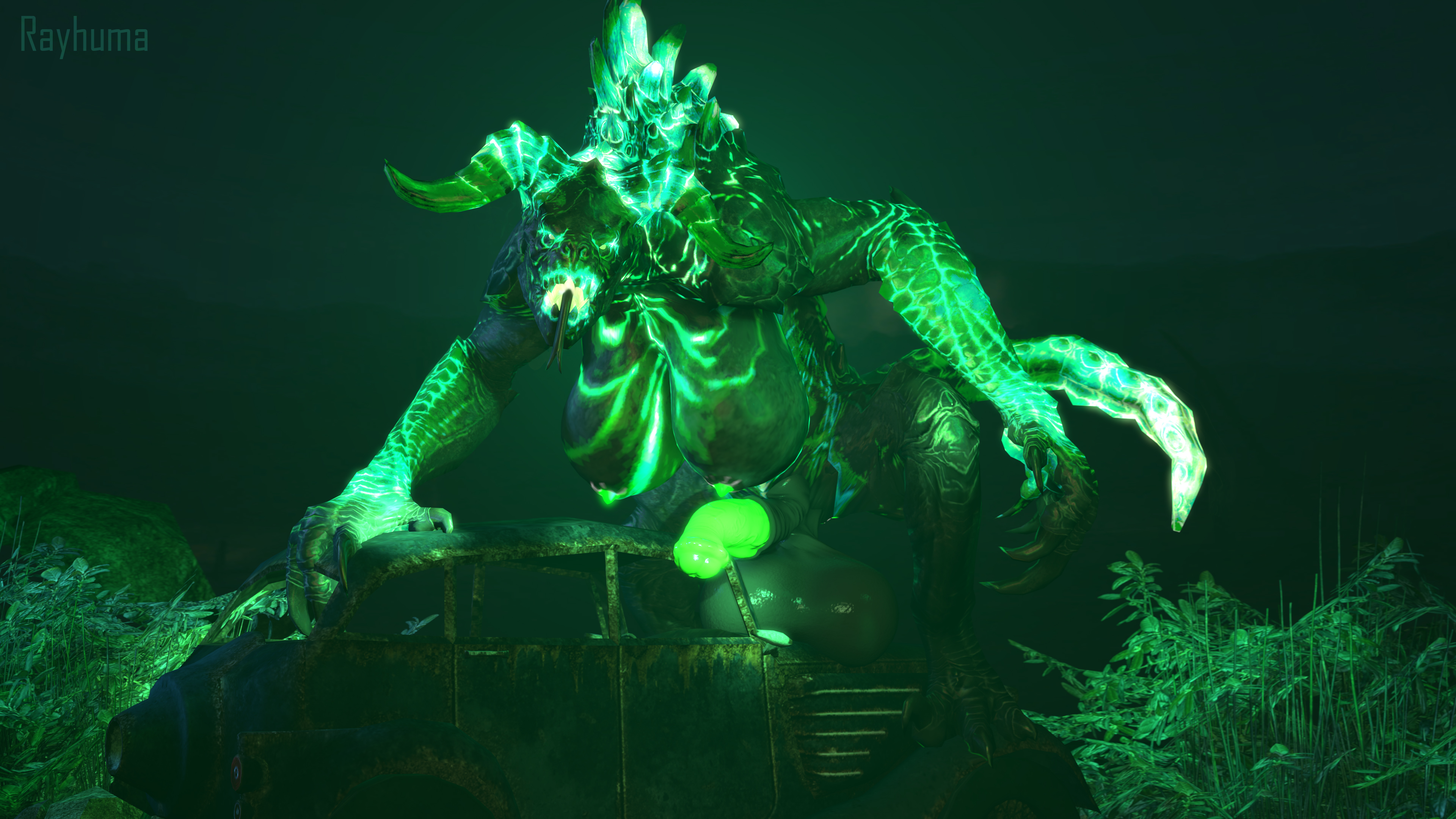 3d, balls, big balls, big breasts, big penis, breasts, deathclaw, fallout, fallout 4, furry, furry only, futa only, futanari, glowing eyes, glowing penis, horsecock, intersex, looking at viewer, penis, rayhuma, roaring, sfm, solo, source filmmaker