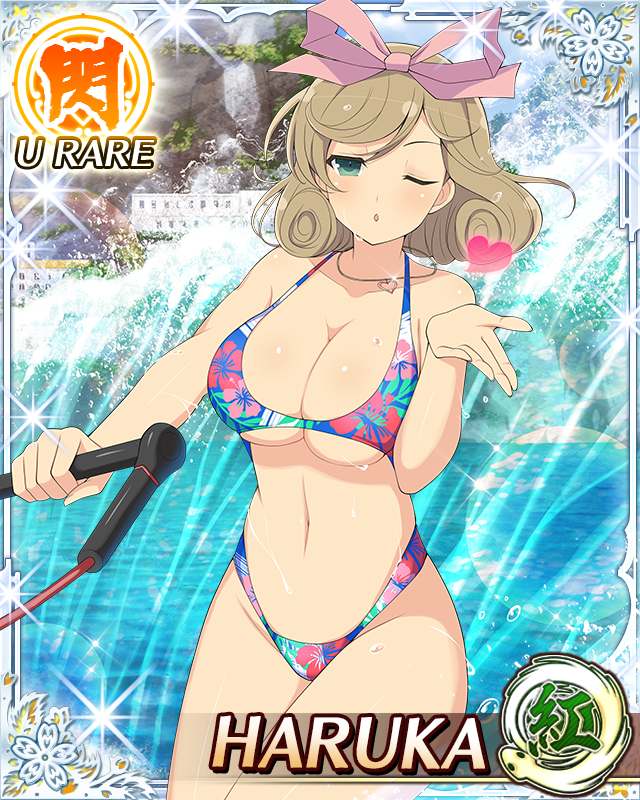 ;d, bikini, blonde hair, bow, breasts, day, female, green eyes, hair ornament, hair ribbon, hairbow, haruka (senran kagura), heart, jewelry, large breasts, looking at viewer, navel, necklace, one eye closed, open mouth, outdoors, pink ribbon, ribbon, senran kagura, short hair, solo, swimsuit, underboob, water, wet, wink, yaegashi nan