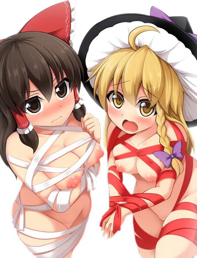 2girls big_breasts blush female kenpi_(hs-totyu) marisa_kirisame medium_breasts multiple_girls nude_female reimu_hakurei tagme touhou wraps