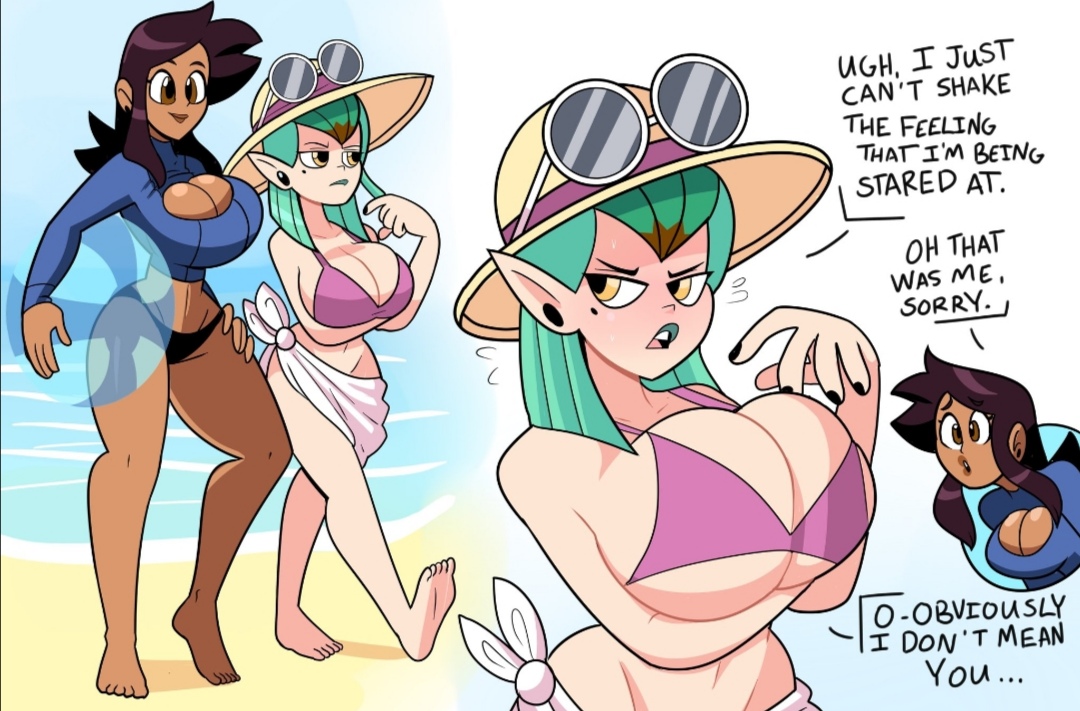 2girls, aged up, alternate breast size, amity blight, beach, big breasts, bikini, bikini bottom, bikini top, breaking the fourth wall, breasts, brown hair, canon couple, chocolate and vanilla, cleavage cutout, clothed, clothing, dark skin, dark-skinned female, dialogue, disney, disney channel, dominican, duo, english text, eyewear, female, female only, green hair, headwear, hispanic, huge breasts, human, humanoid, latina, light skin, long ears, luz noceda, multiple females, multiple girls, pale skin, partially clothed, standing, superspoe, swimwear, text, the owl house, witch, witch (the owl house), yuri