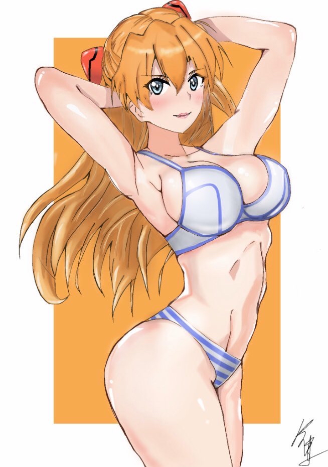 1girls, artist request, asuka langley sohryu, belly button, blue eyes, blush, bra, breasts, female, female only, long hair, looking at viewer, neon genesis evangelion, orange hair, panties, solo, underwear
