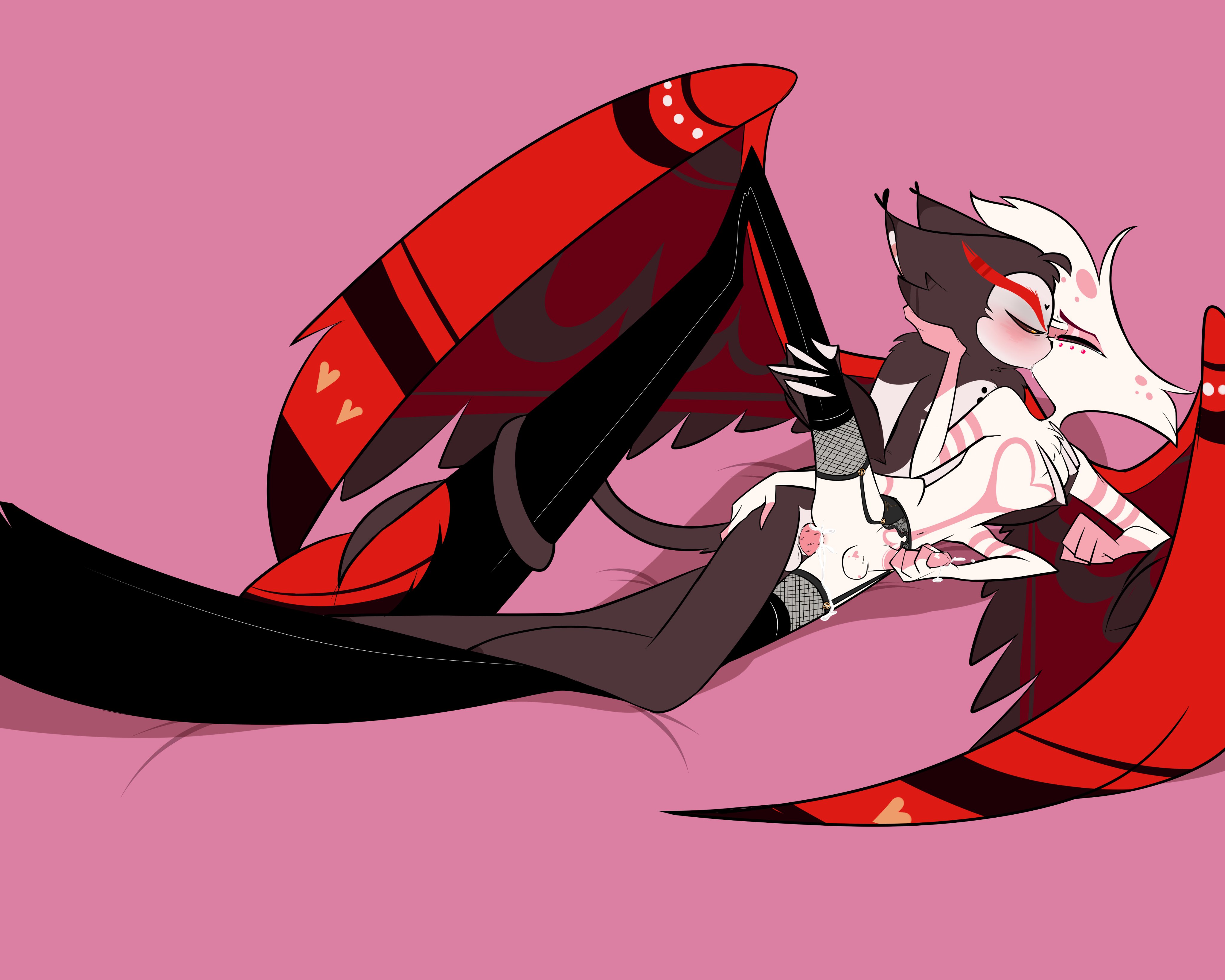 2boys, 4 arms, anal, anal sex, angel dust (hazbin hotel), ass, balls, blush, breasts, brown fur, chest tuft, cum, cum in ass, cum on hand, cum on leg, cum on penis, cumming, demon, erect penis, erection, feline, feline penis, garter belt, grabbing breasts, hand on ass, hand on chest, hand on face, hand on penis, hazbin hotel, husk (hazbin hotel), kissing, leg up, looking pleasured, male, male only, male penetrated, male penetrating, male/male, masturbating while penetrated, masturbation, multi arm, multi limb, naked, nude, on bed, on side, penis, spider, spooning, spread legs, striped body, tail, thighhighs, thighs, vivienne medrano, white body, white hair, wings, yaoi