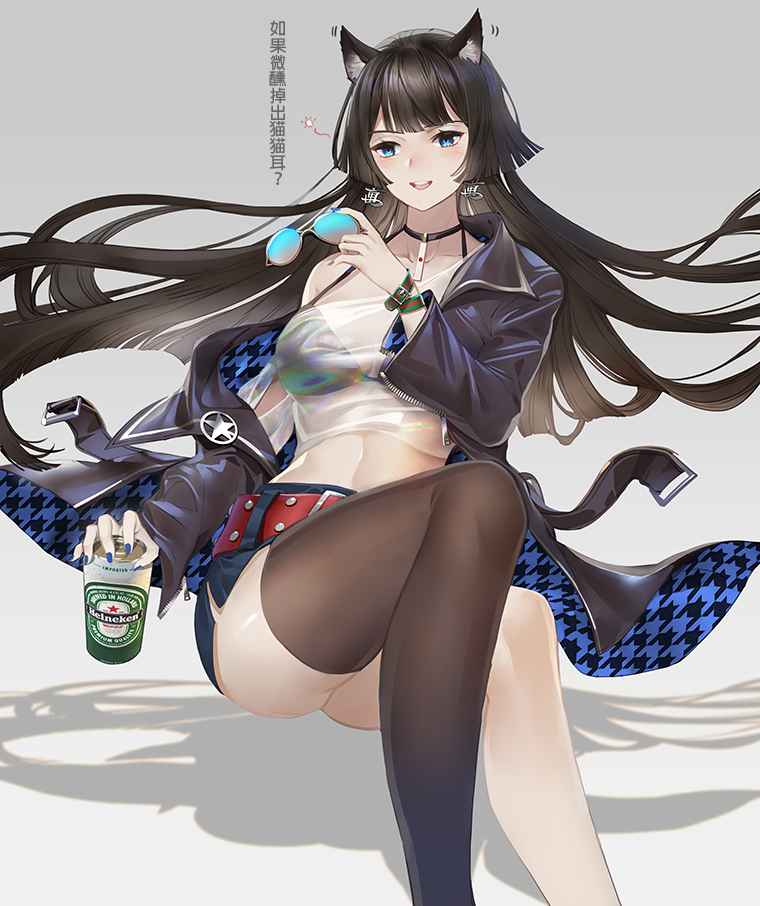 animal_ear_fluff animal_ears aqua-tinted_eyewewar aqua_eyes ass asymmetrical_legwear balusah bangs beer_can belt bikini bikini_top black_bikini black_choker black_hair black_legwear blue_eyes blue_jacket blue_nails blue_shorts blunt_bangs can cat_ears chinese_commentary choker collarbone commentary_request crop_top earrings eyewear_removed feet_out_of_frame female fingernails floating_clothes floating_hair gradient gradient_background grey_background halter_top halterneck hand_up heineken hime_cut holding holding_can holding_eyewear jacket jewelry knees_up long_hair long_sleeves looking_at_viewer mahjong_soul midriff motion_lines multicolored multicolored_eyes nadeshiko_(mahjong_soul) nail_polish off-shoulder_shirt off_shoulder open_clothes open_jacket open_mouth partial_commentary patterned_clothing pendant_choker red_belt see-through shadow shirt short_shorts shorts side_slit side_slit_shorts sitting smile solo solo_female star_(symbol) sunglasses sunglasses_removed swimsuit thighhighs translation_request two-sided_fabric two-sided_jacket upper_teeth very_long_hair white_background wrist_straps