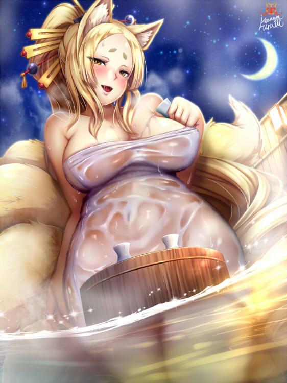 1girls, 2d, 2d (artwork), adult, adult female, alcohol, artist name, artist signature, bath, big breasts, blonde hair, blush, breasts, cleavage, crescent, drunk, female, female only, fox ears, fox girl, high school dxd, ikemura hiroichi, kitsune, large breasts, light skin, light-skinned female, looking at viewer, milf, moon, mother, night, no sex, non-human, not ai generated, smile, solo, solo female, standing, towel, wet, yasaka (high school dxd)