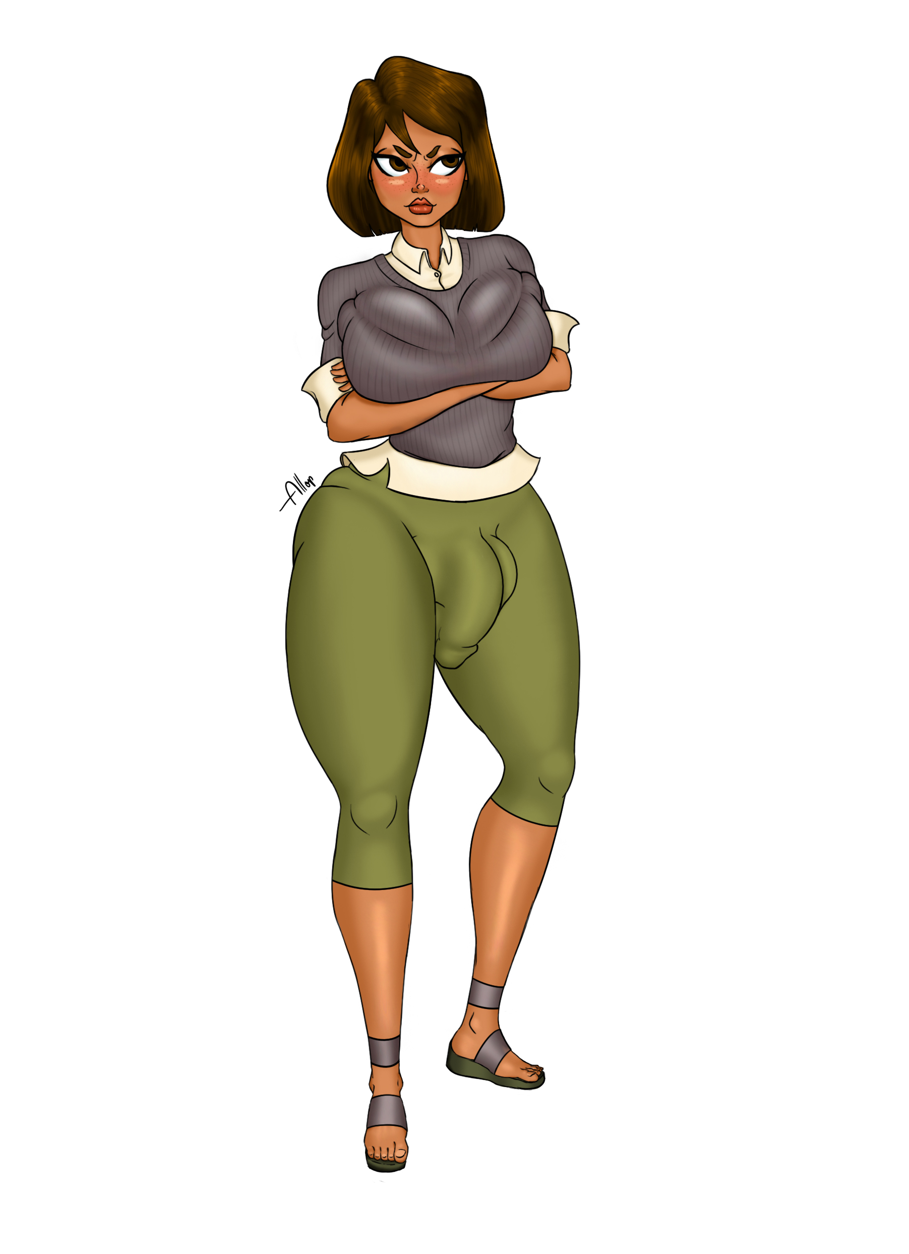 allop, ass, big ass, big breasts, big butt, big penis, bra, breasts, brown eyes, brown hair, bulge, bursting breasts, courtney (tdi), crossed arms, dark skin, dark-skinned futa, freckles, futanari, huge breasts, intersex, penis, sweater, thick thighs, total drama island, voluptuous