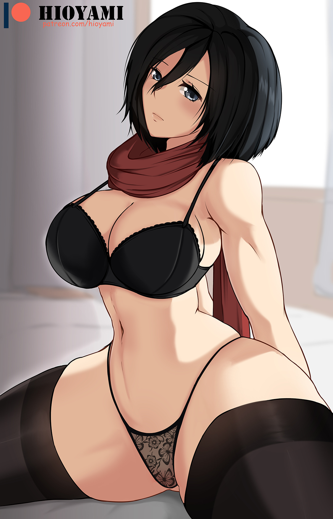 1girls, attack on titan, barely visible genitalia, bed, black bra, black hair, black legwear, black panties, breasts, female, female focus, female only, hands behind back, hi res, hioyami, large breasts, legs, lingerie, looking at viewer, mikasa ackerman, pussy, scar, scarf, shaved pussy, shingeki no kyojin, short hair, sitting, solo, solo female, solo focus, spread legs, stockings, thick thighs, thong, wide hips
