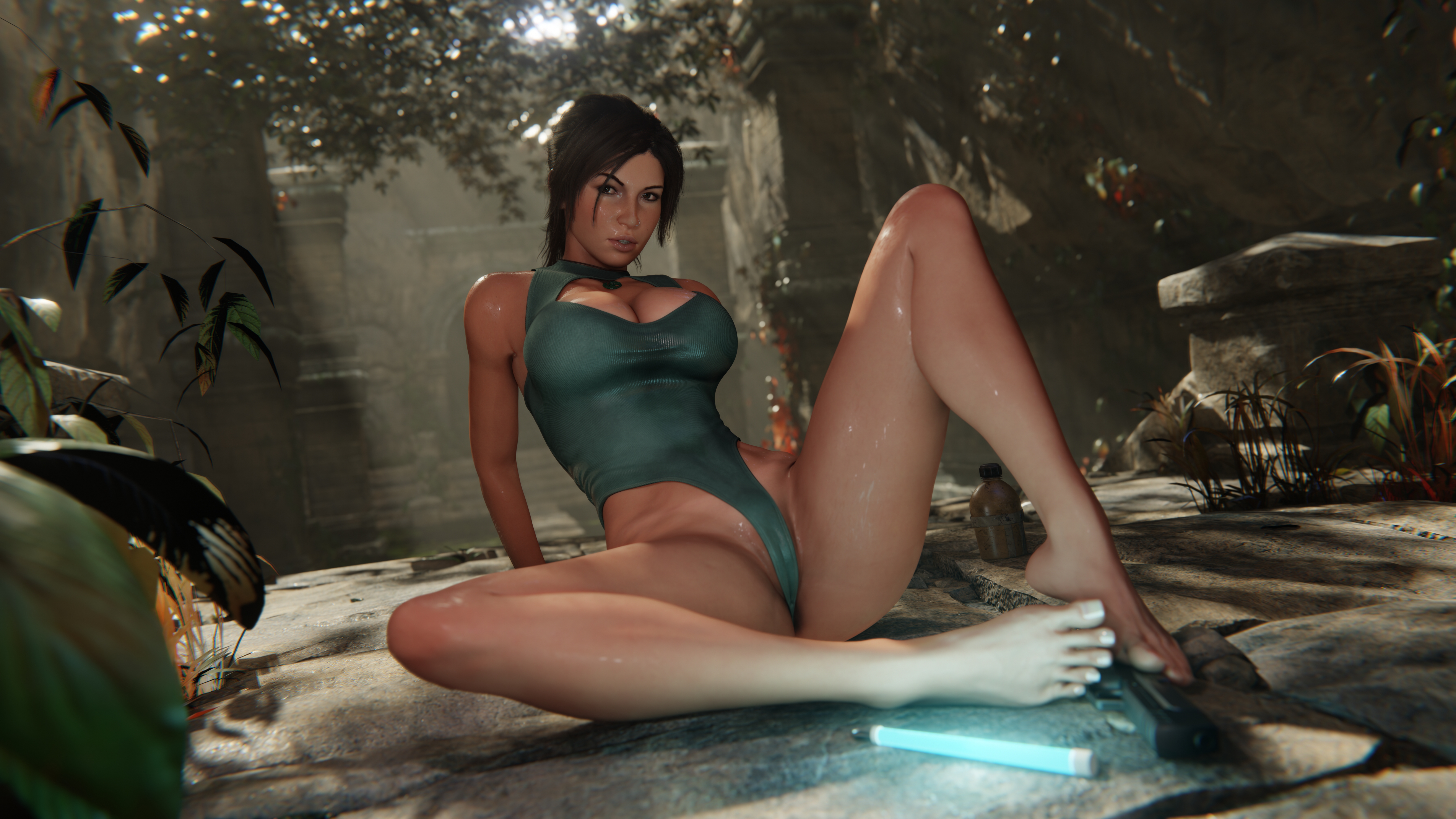 1girls, 3d, barefoot, big breasts, blender (software), bodysuit, breasts, brown hair, busty, cameltoe, cleavage, cleavage cutout, clothing, feet, female, female focus, female only, firearm, high resolution, highres, human, jewelry, lara croft, lara croft (survivor), large breasts, no eyewear, nose piercing, oil, oiled, oiled skin, pinup pose, ponytail, pose, posing, pussy, sitting, spread legs, strauzek, sweat, sweating, sweaty, tagme, toenails, tomb raider, tomb raider (survivor), weapon, wet, wet body, wet clothes, wet skin